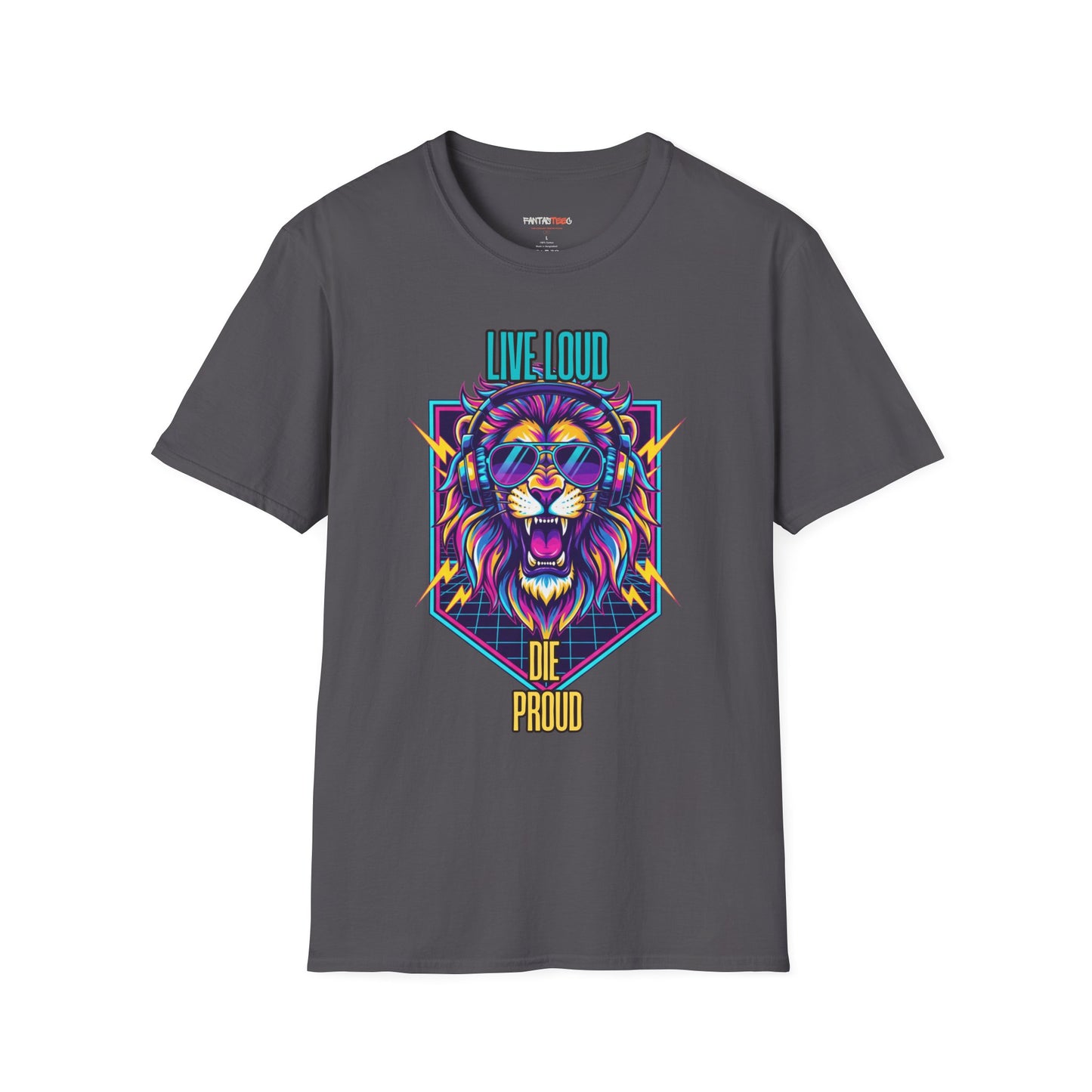 Vibrant Lion Graphic Tee | Unisex Softstyle T-Shirt with 'Live Loud Die Proud' Design, Casual Wear, Gift for Music Lovers.