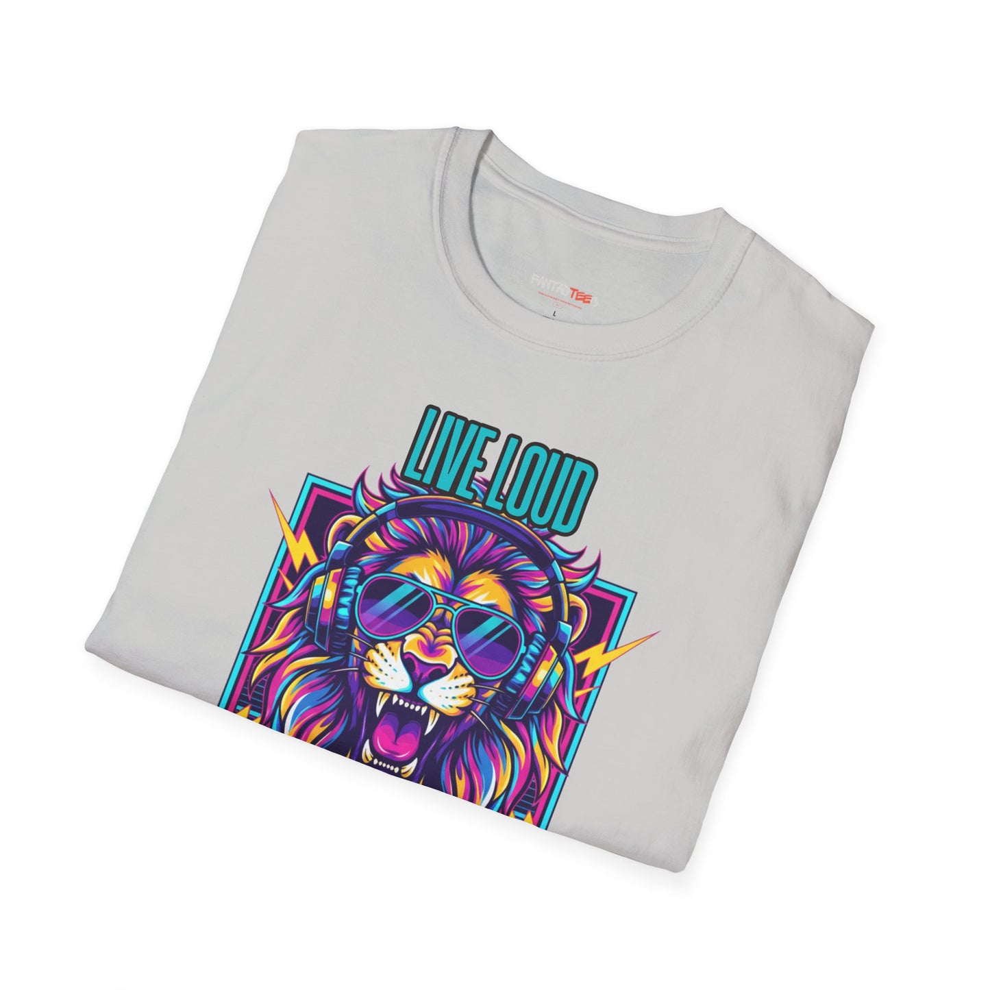 Vibrant Lion Graphic Tee | Unisex Softstyle T-Shirt with 'Live Loud Die Proud' Design, Casual Wear, Gift for Music Lovers.