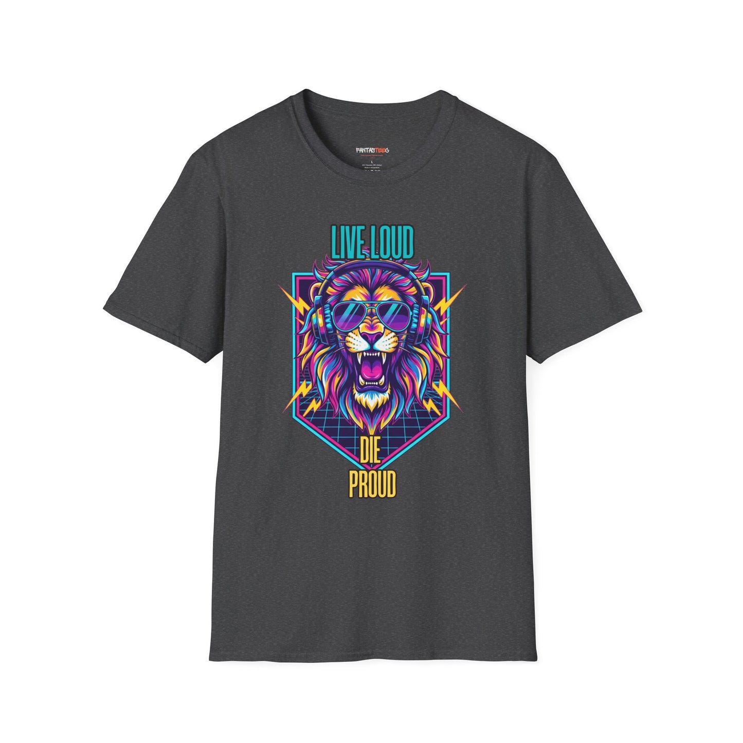 Vibrant Lion Graphic Tee | Unisex Softstyle T-Shirt with 'Live Loud Die Proud' Design, Casual Wear, Gift for Music Lovers.