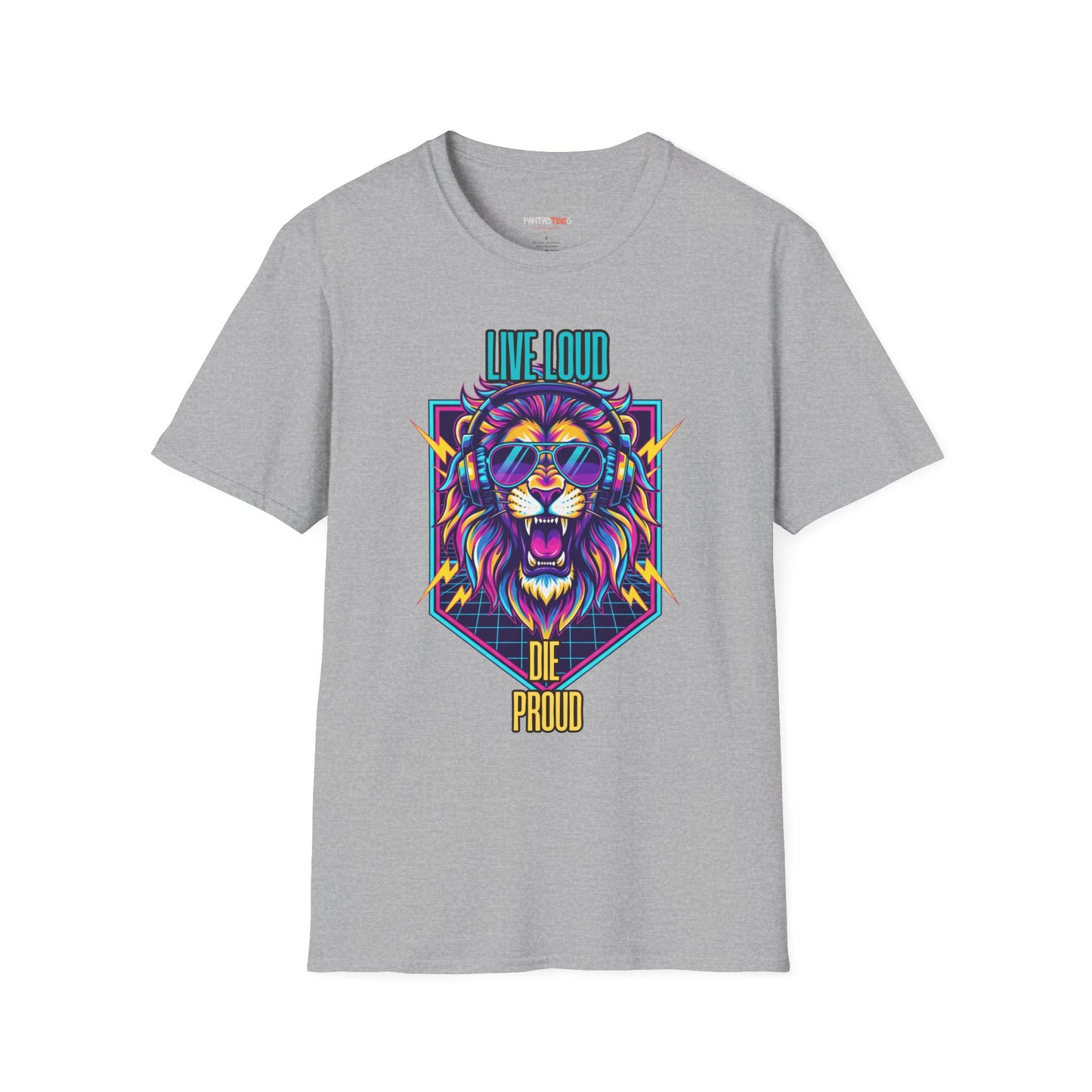 Vibrant Lion Graphic Tee | Unisex Softstyle T-Shirt with 'Live Loud Die Proud' Design, Casual Wear, Gift for Music Lovers.