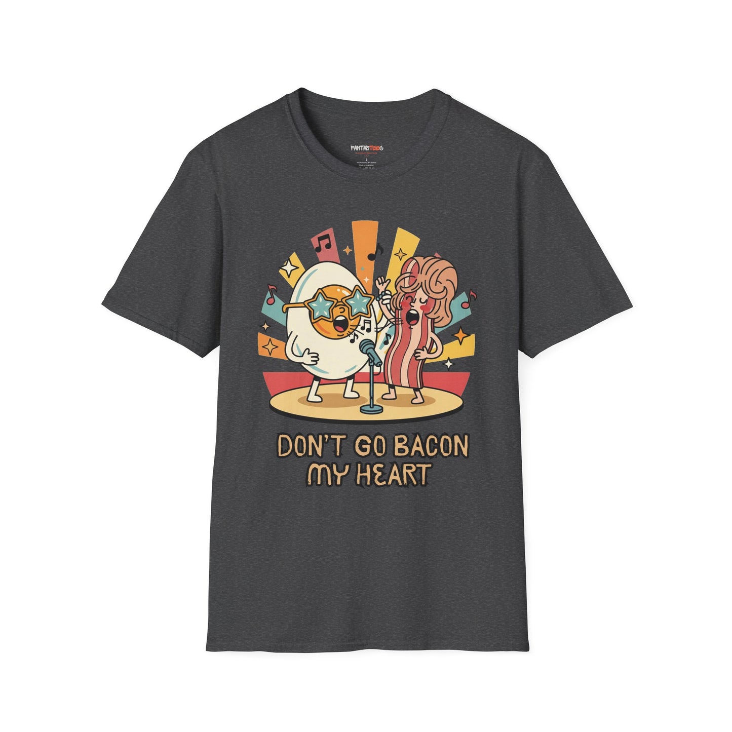 Retro Fun Unisex Softstyle T-Shirt - 'Don't Go Bacon My Heart' Design - Perfect for Food Lovers, Music Enthusiasts, and Gift Giving