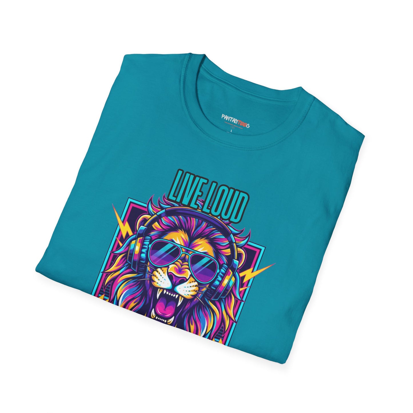 Vibrant Lion Graphic Tee | Unisex Softstyle T-Shirt with 'Live Loud Die Proud' Design, Casual Wear, Gift for Music Lovers.