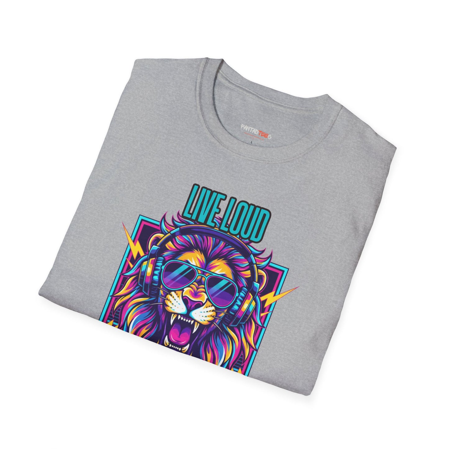 Vibrant Lion Graphic Tee | Unisex Softstyle T-Shirt with 'Live Loud Die Proud' Design, Casual Wear, Gift for Music Lovers.