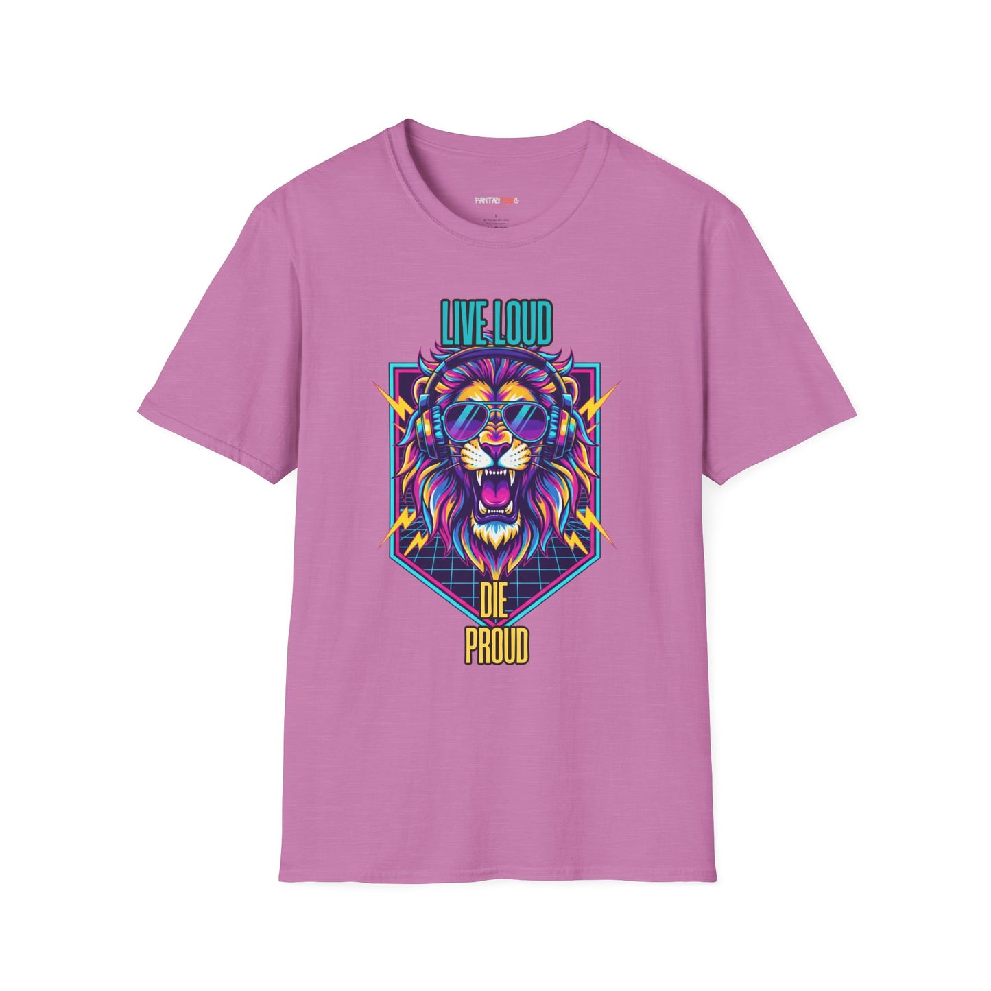 Vibrant Lion Graphic Tee | Unisex Softstyle T-Shirt with 'Live Loud Die Proud' Design, Casual Wear, Gift for Music Lovers.