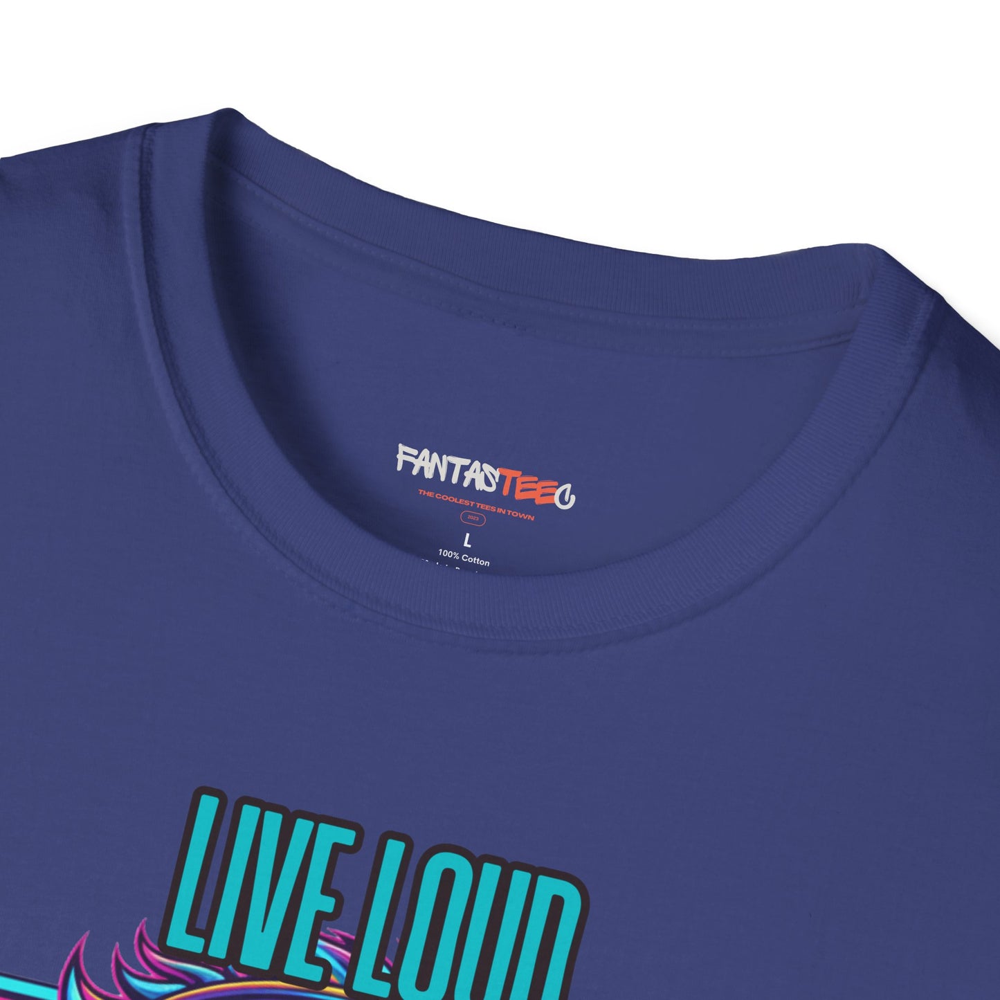 Vibrant Lion Graphic Tee | Unisex Softstyle T-Shirt with 'Live Loud Die Proud' Design, Casual Wear, Gift for Music Lovers.