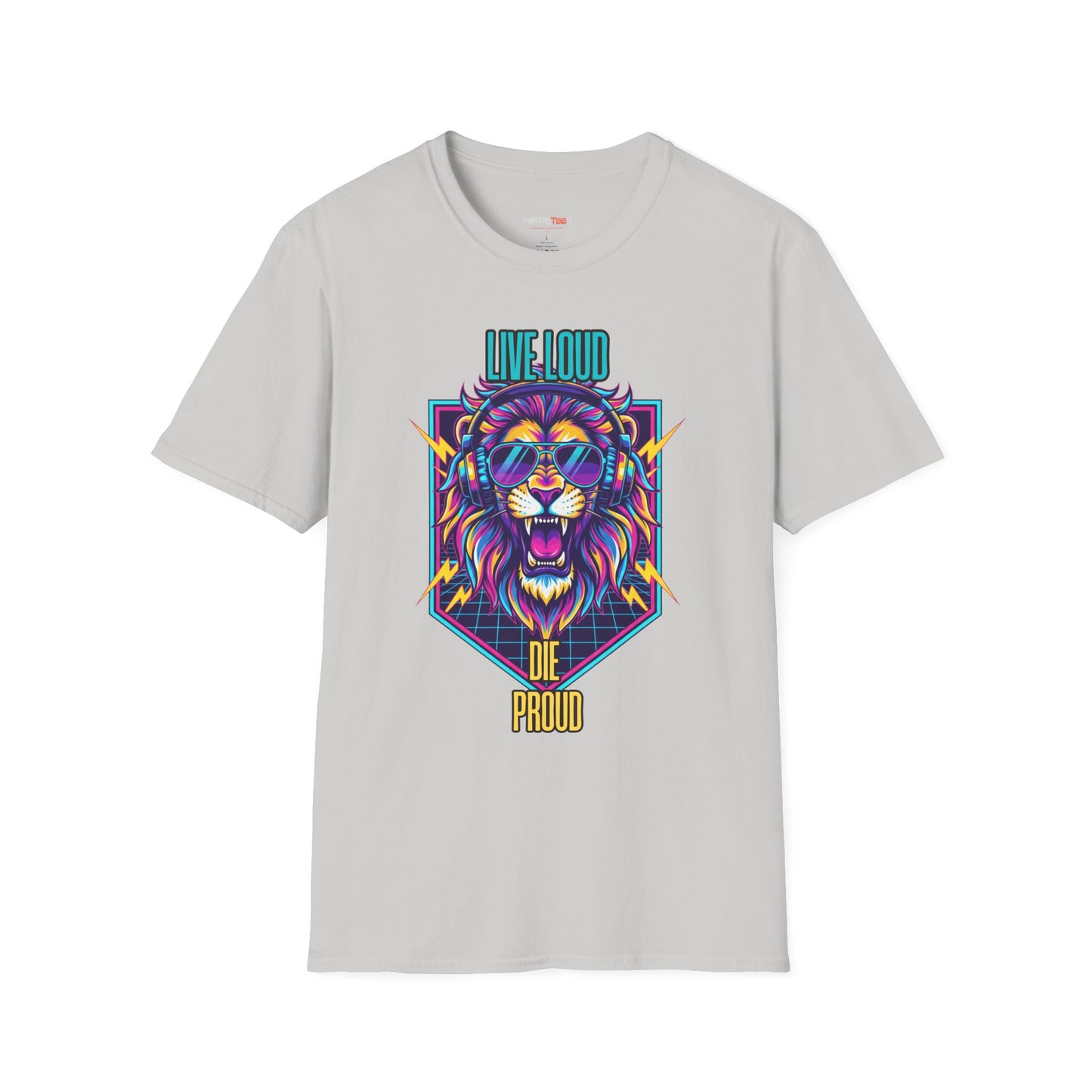 Vibrant Lion Graphic Tee | Unisex Softstyle T-Shirt with 'Live Loud Die Proud' Design, Casual Wear, Gift for Music Lovers.