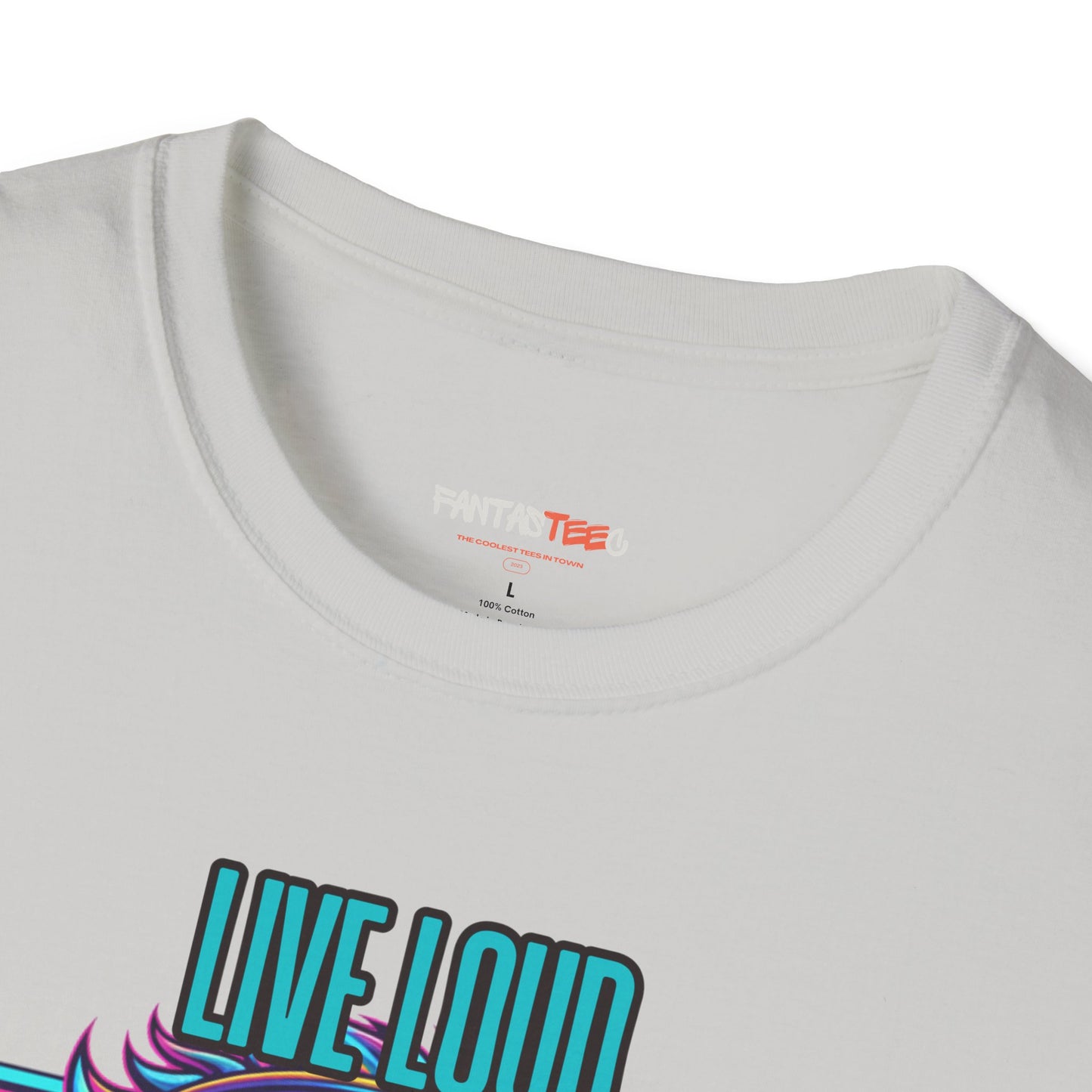 Vibrant Lion Graphic Tee | Unisex Softstyle T-Shirt with 'Live Loud Die Proud' Design, Casual Wear, Gift for Music Lovers.
