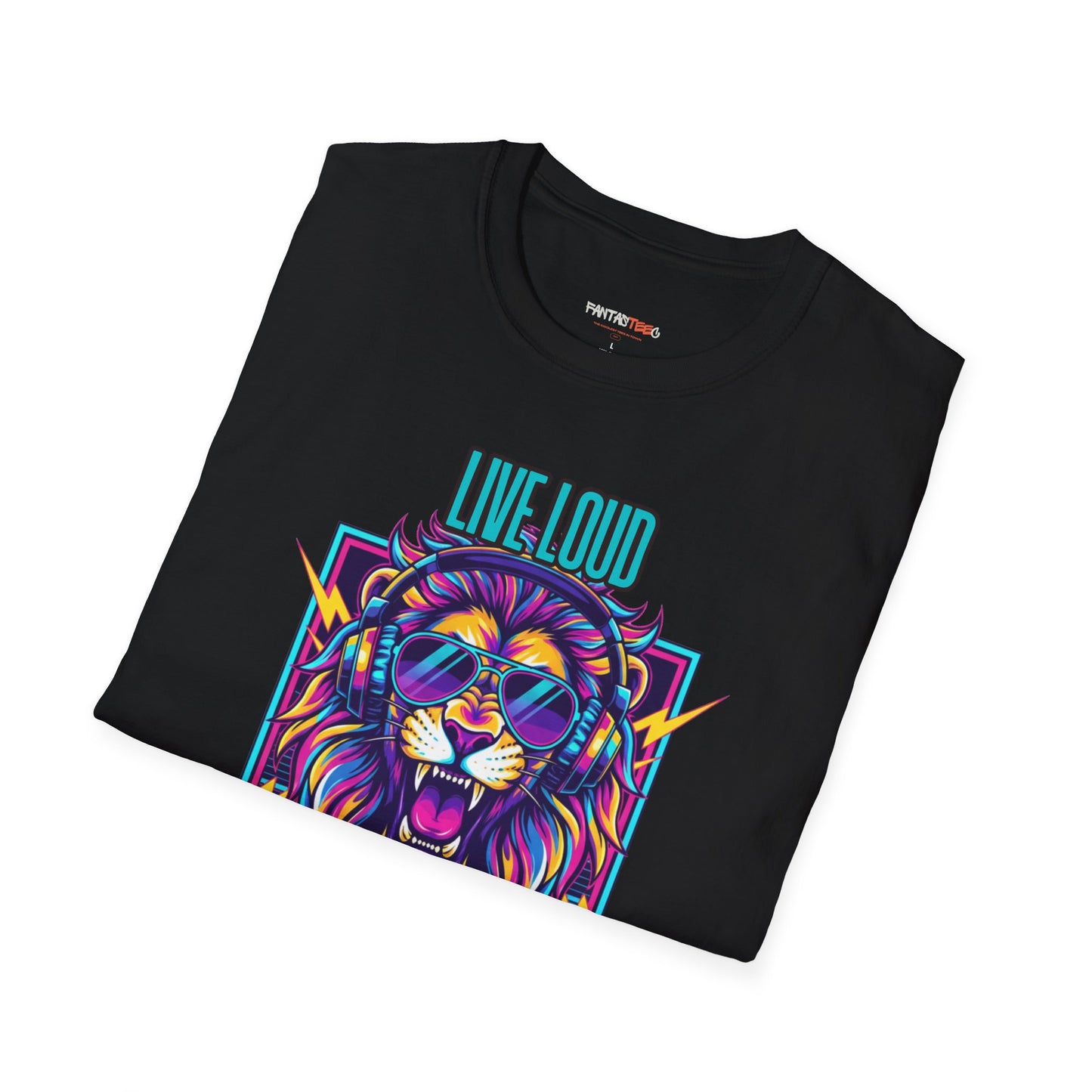 Vibrant Lion Graphic Tee | Unisex Softstyle T-Shirt with 'Live Loud Die Proud' Design, Casual Wear, Gift for Music Lovers.