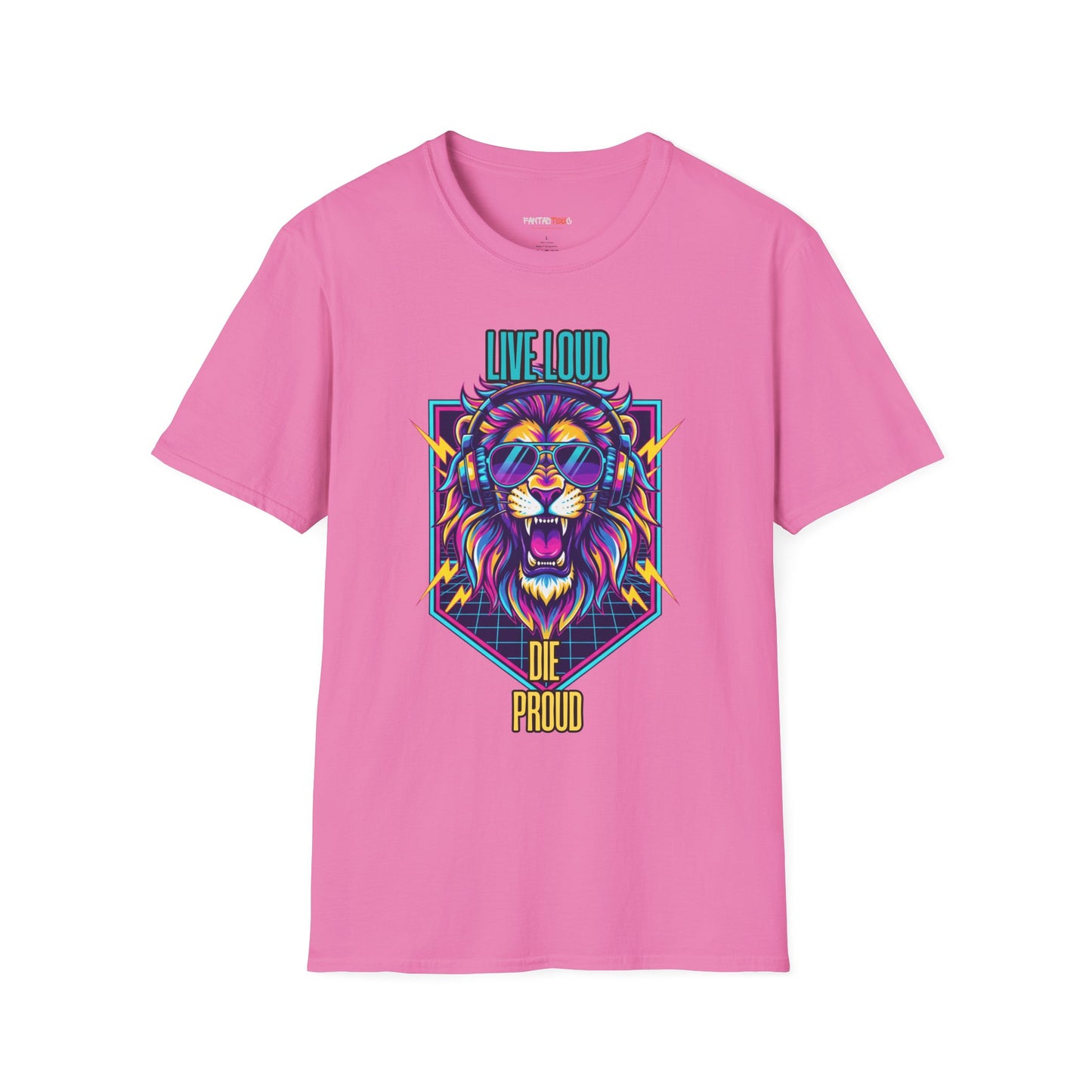 Vibrant Lion Graphic Tee | Unisex Softstyle T-Shirt with 'Live Loud Die Proud' Design, Casual Wear, Gift for Music Lovers.