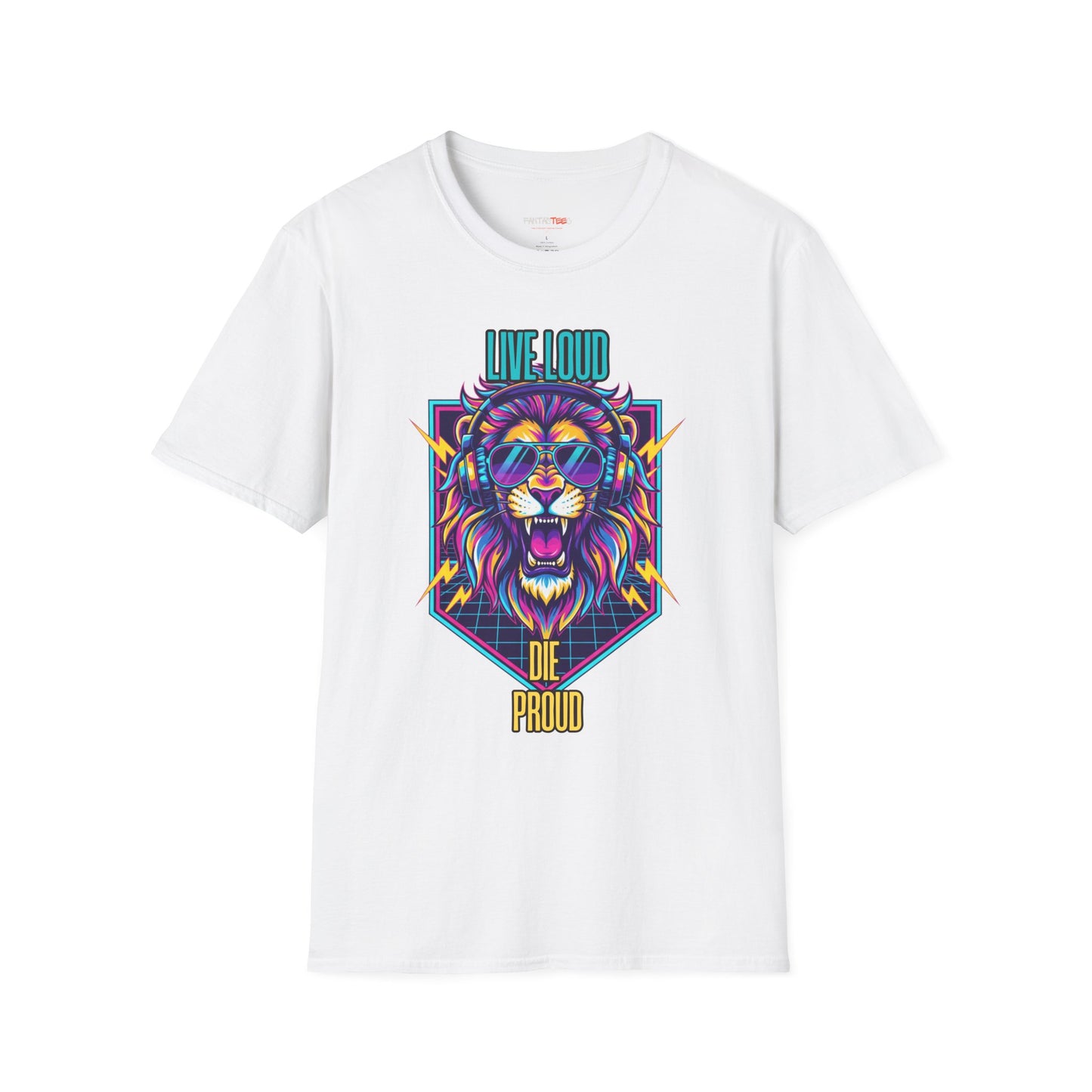 Vibrant Lion Graphic Tee | Unisex Softstyle T-Shirt with 'Live Loud Die Proud' Design, Casual Wear, Gift for Music Lovers.