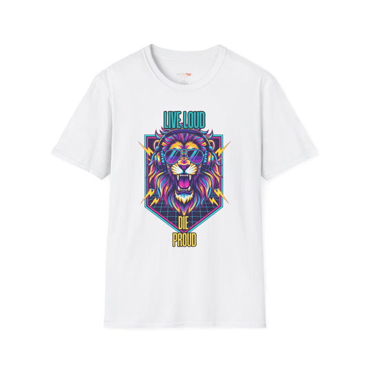 Vibrant Lion Graphic Tee | Unisex Softstyle T-Shirt with 'Live Loud Die Proud' Design, Casual Wear, Gift for Music Lovers.