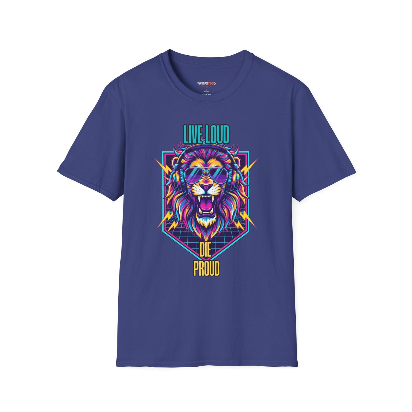 Vibrant Lion Graphic Tee | Unisex Softstyle T-Shirt with 'Live Loud Die Proud' Design, Casual Wear, Gift for Music Lovers.