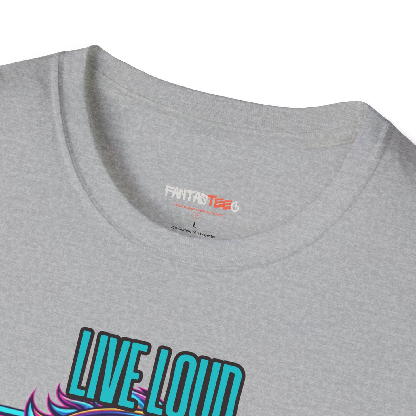 Vibrant Lion Graphic Tee | Unisex Softstyle T-Shirt with 'Live Loud Die Proud' Design, Casual Wear, Gift for Music Lovers.