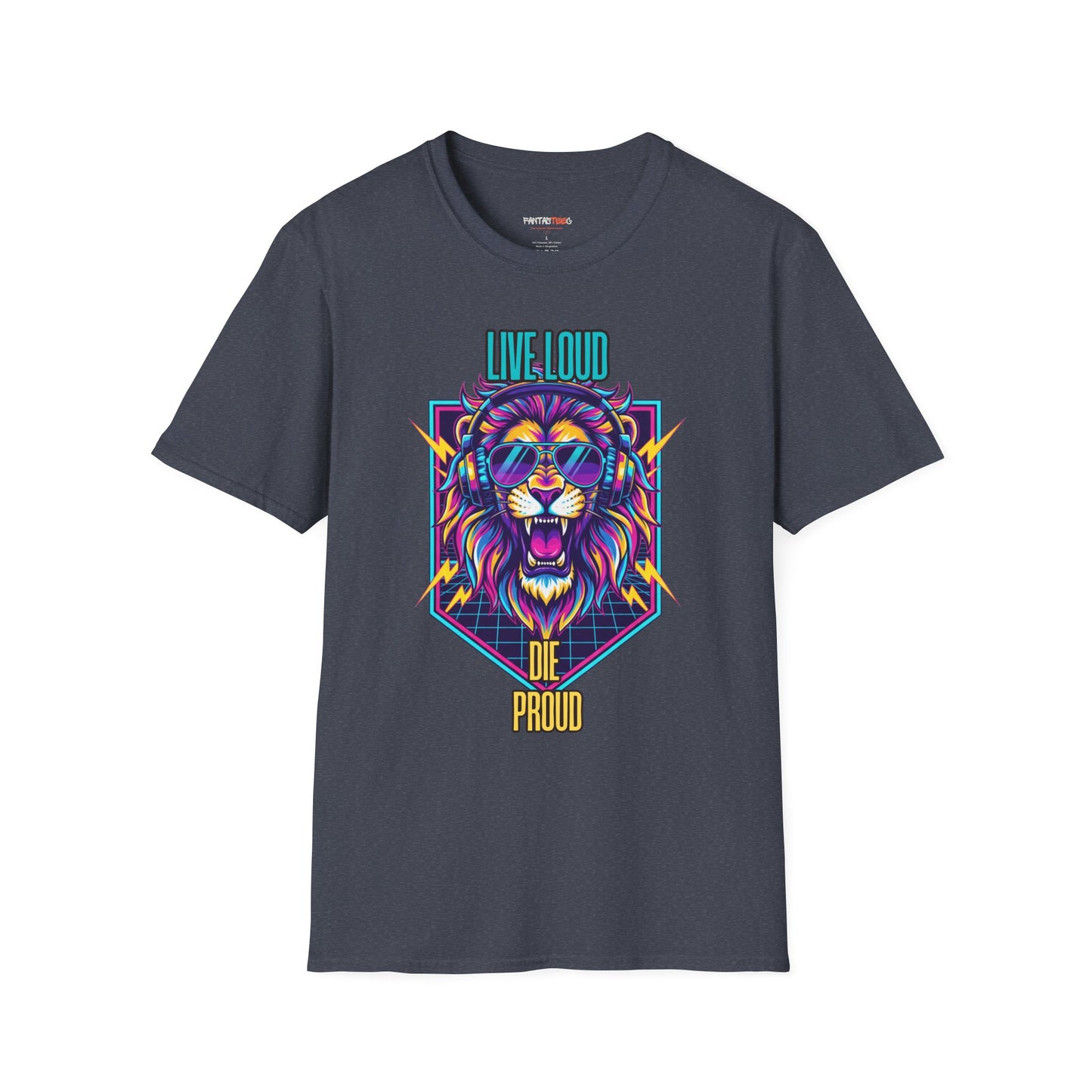 Vibrant Lion Graphic Tee | Unisex Softstyle T-Shirt with 'Live Loud Die Proud' Design, Casual Wear, Gift for Music Lovers.