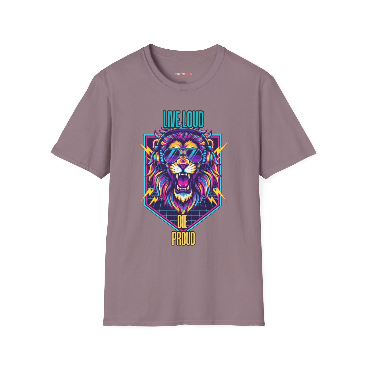 Vibrant Lion Graphic Tee | Unisex Softstyle T-Shirt with 'Live Loud Die Proud' Design, Casual Wear, Gift for Music Lovers.