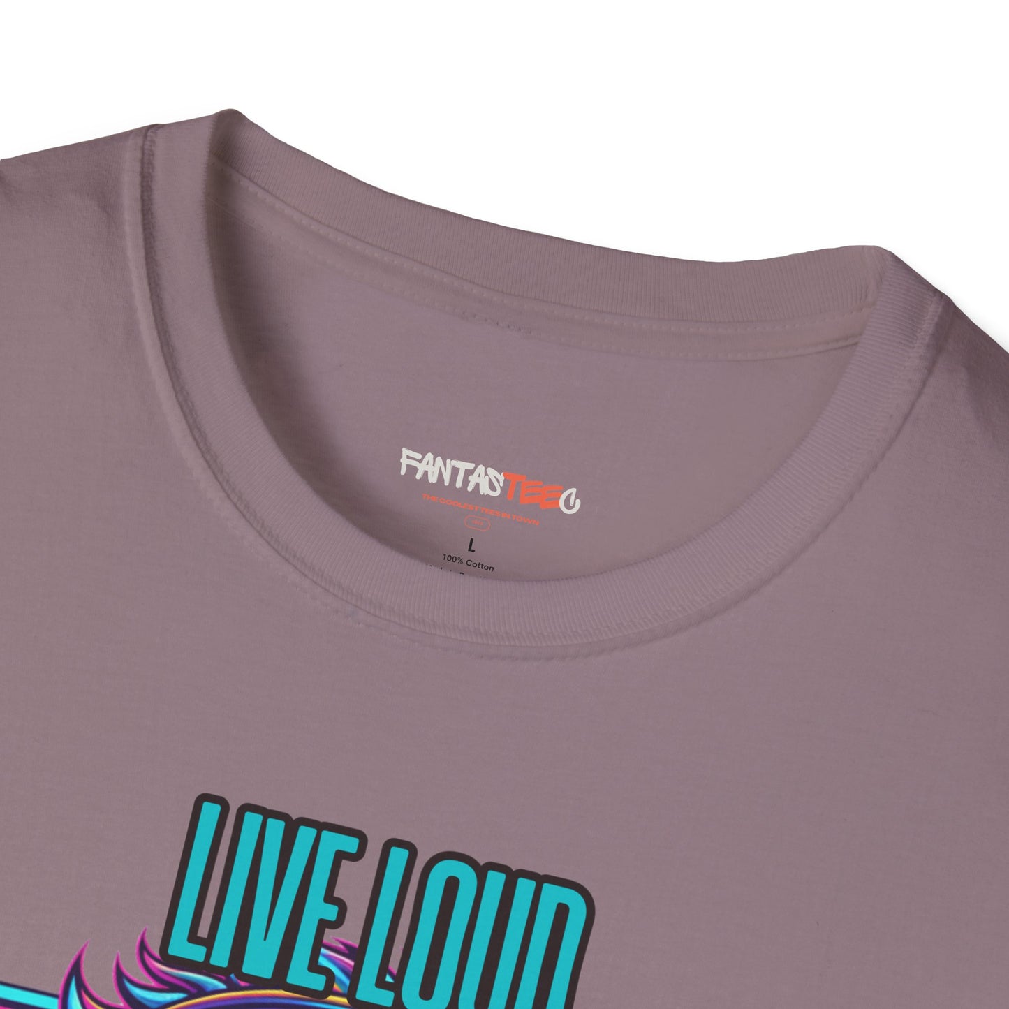 Vibrant Lion Graphic Tee | Unisex Softstyle T-Shirt with 'Live Loud Die Proud' Design, Casual Wear, Gift for Music Lovers.