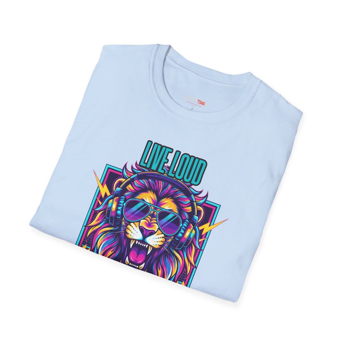 Vibrant Lion Graphic Tee | Unisex Softstyle T-Shirt with 'Live Loud Die Proud' Design, Casual Wear, Gift for Music Lovers.
