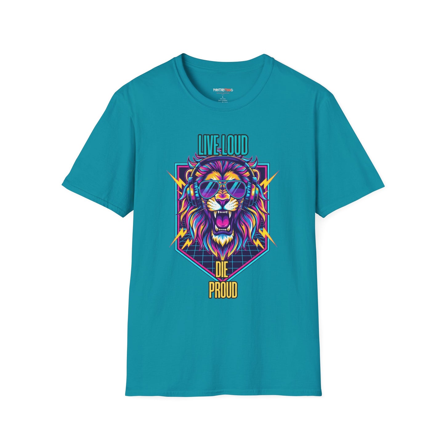 Vibrant Lion Graphic Tee | Unisex Softstyle T-Shirt with 'Live Loud Die Proud' Design, Casual Wear, Gift for Music Lovers.