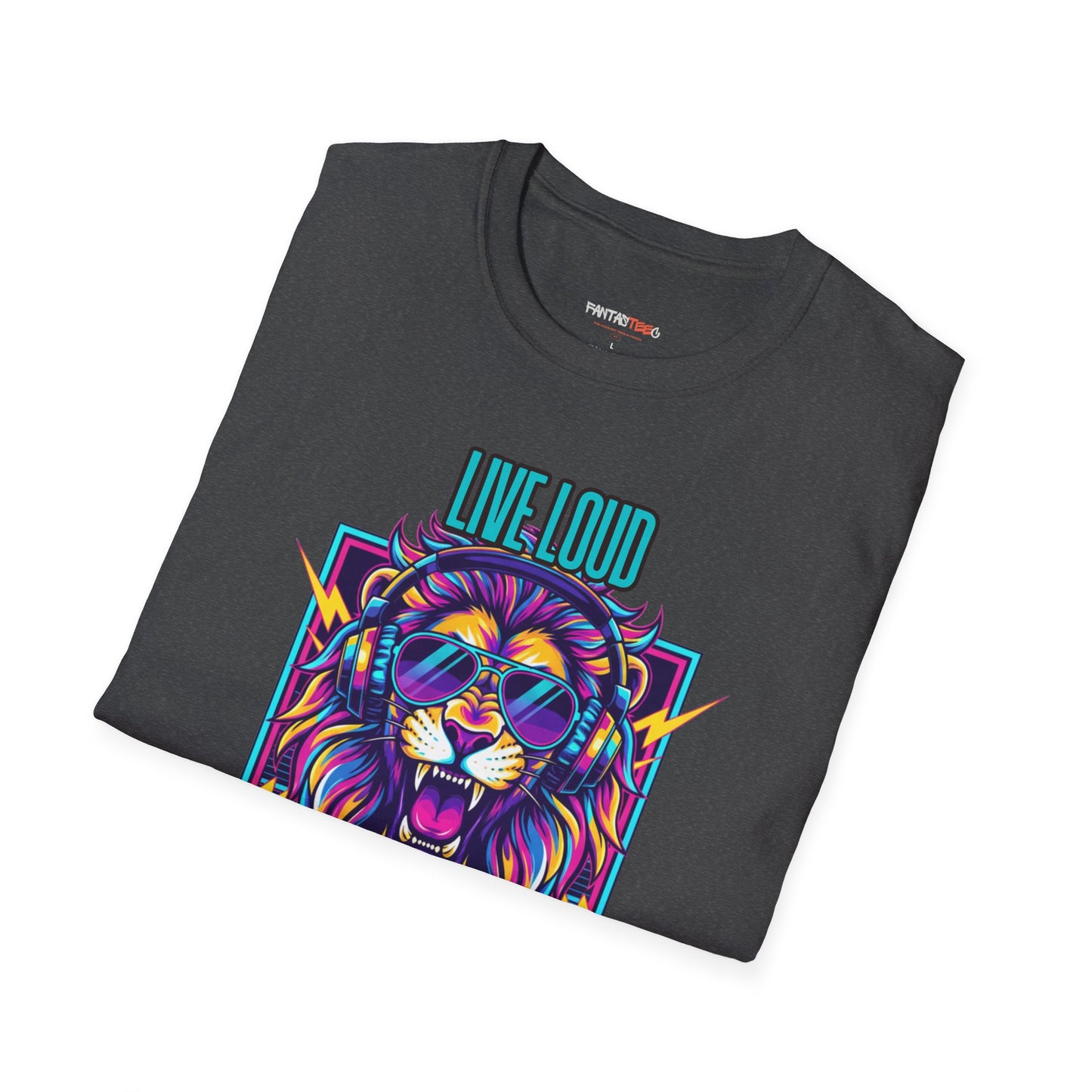 Vibrant Lion Graphic Tee | Unisex Softstyle T-Shirt with 'Live Loud Die Proud' Design, Casual Wear, Gift for Music Lovers.