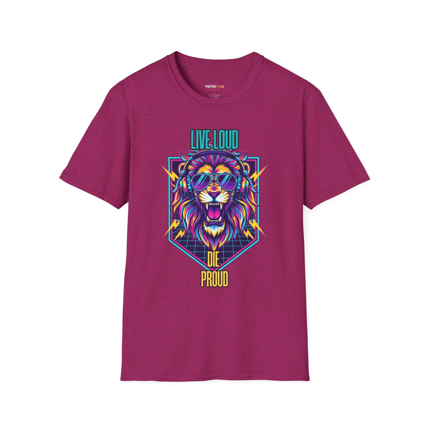 Vibrant Lion Graphic Tee | Unisex Softstyle T-Shirt with 'Live Loud Die Proud' Design, Casual Wear, Gift for Music Lovers.