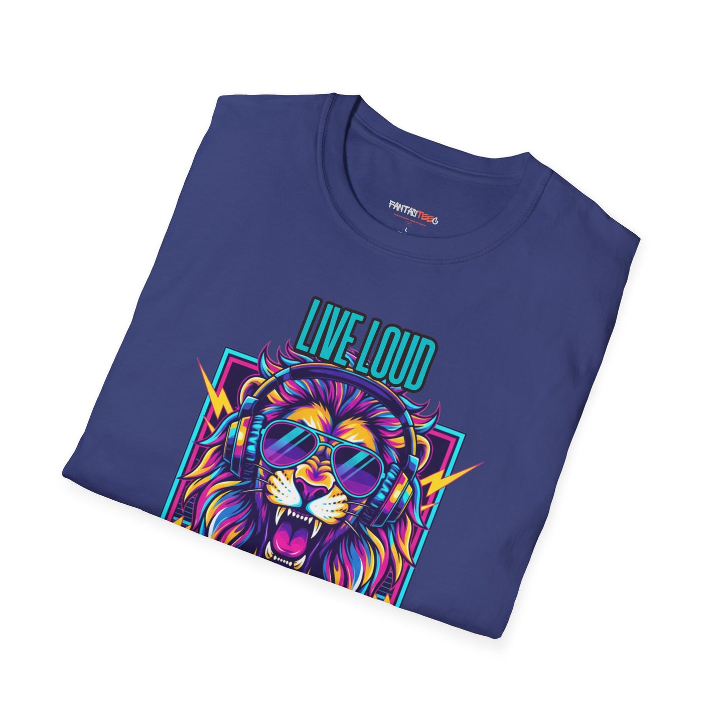 Vibrant Lion Graphic Tee | Unisex Softstyle T-Shirt with 'Live Loud Die Proud' Design, Casual Wear, Gift for Music Lovers.