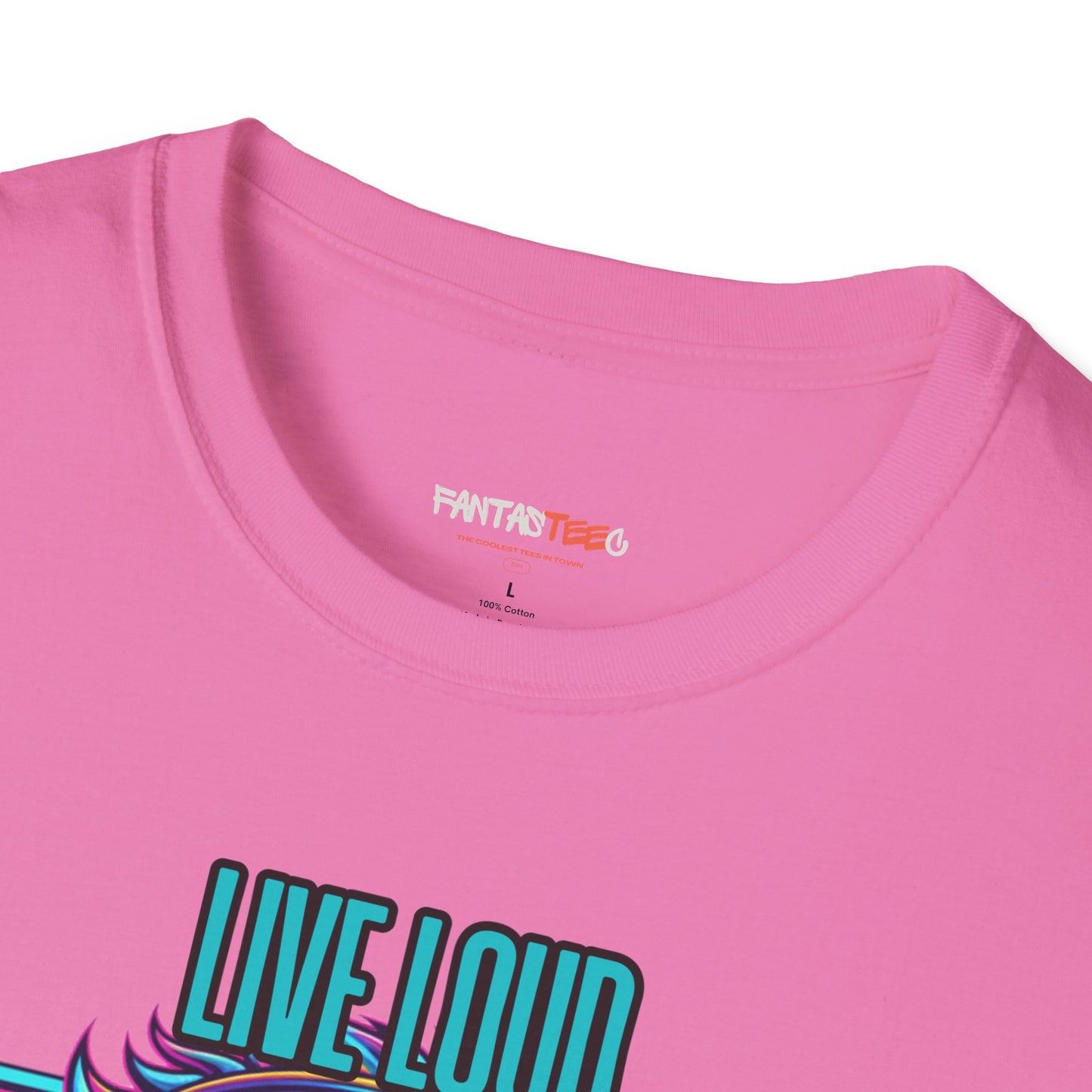 Vibrant Lion Graphic Tee | Unisex Softstyle T-Shirt with 'Live Loud Die Proud' Design, Casual Wear, Gift for Music Lovers.