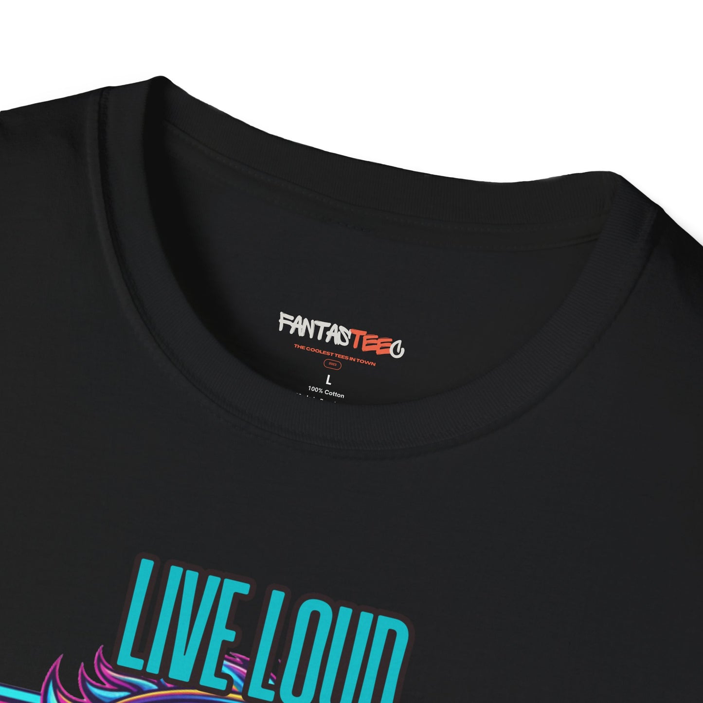 Vibrant Lion Graphic Tee | Unisex Softstyle T-Shirt with 'Live Loud Die Proud' Design, Casual Wear, Gift for Music Lovers.