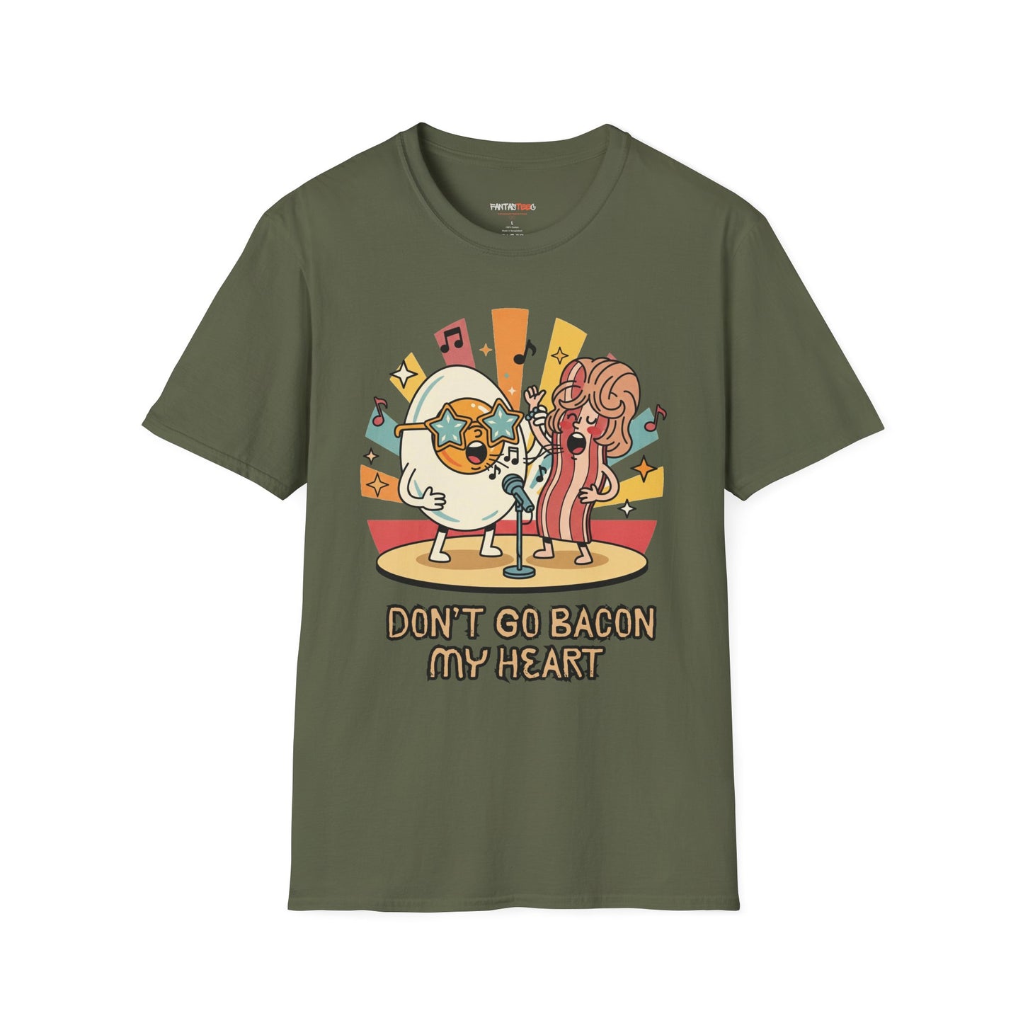 Retro Fun Unisex Softstyle T-Shirt - 'Don't Go Bacon My Heart' Design - Perfect for Food Lovers, Music Enthusiasts, and Gift Giving