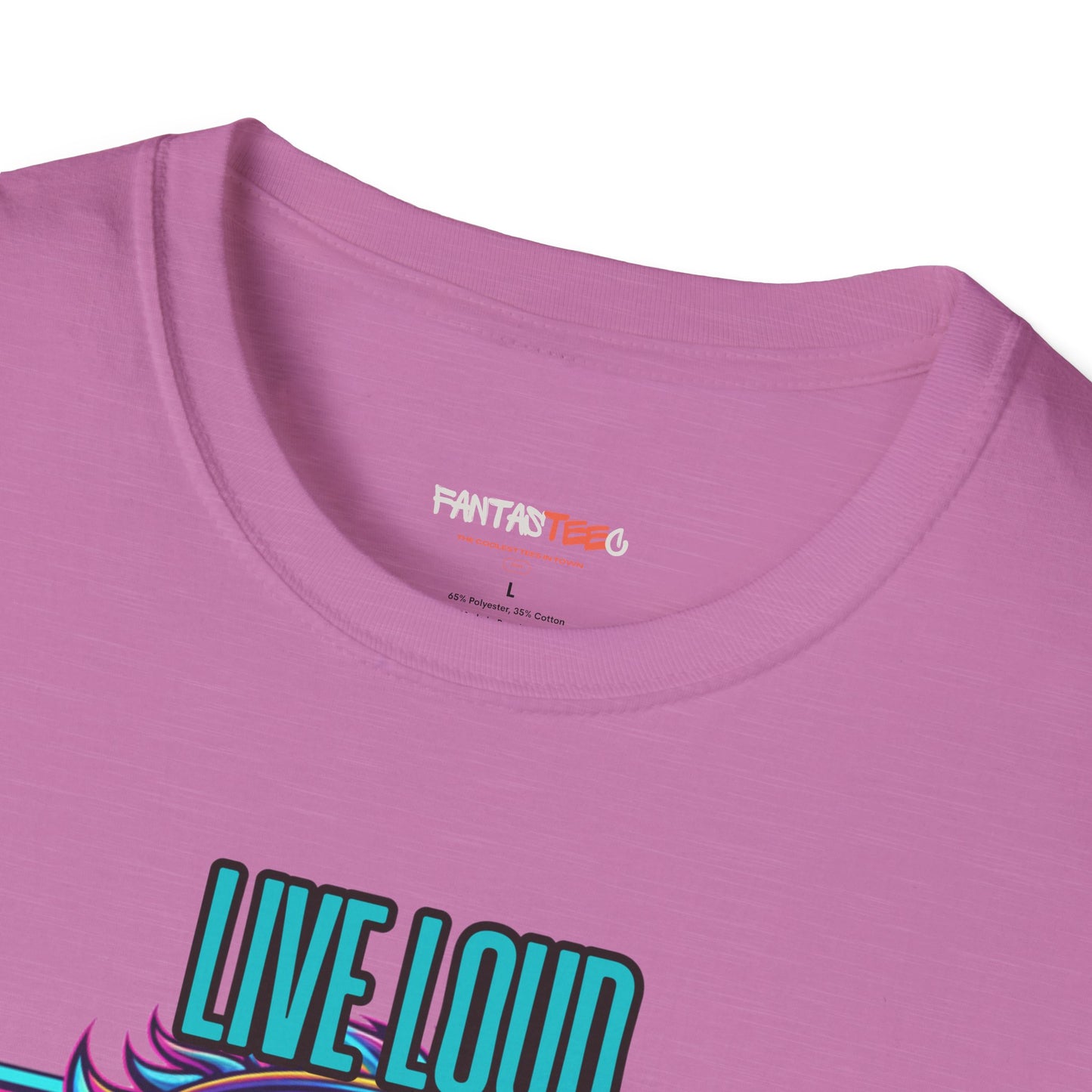 Vibrant Lion Graphic Tee | Unisex Softstyle T-Shirt with 'Live Loud Die Proud' Design, Casual Wear, Gift for Music Lovers.