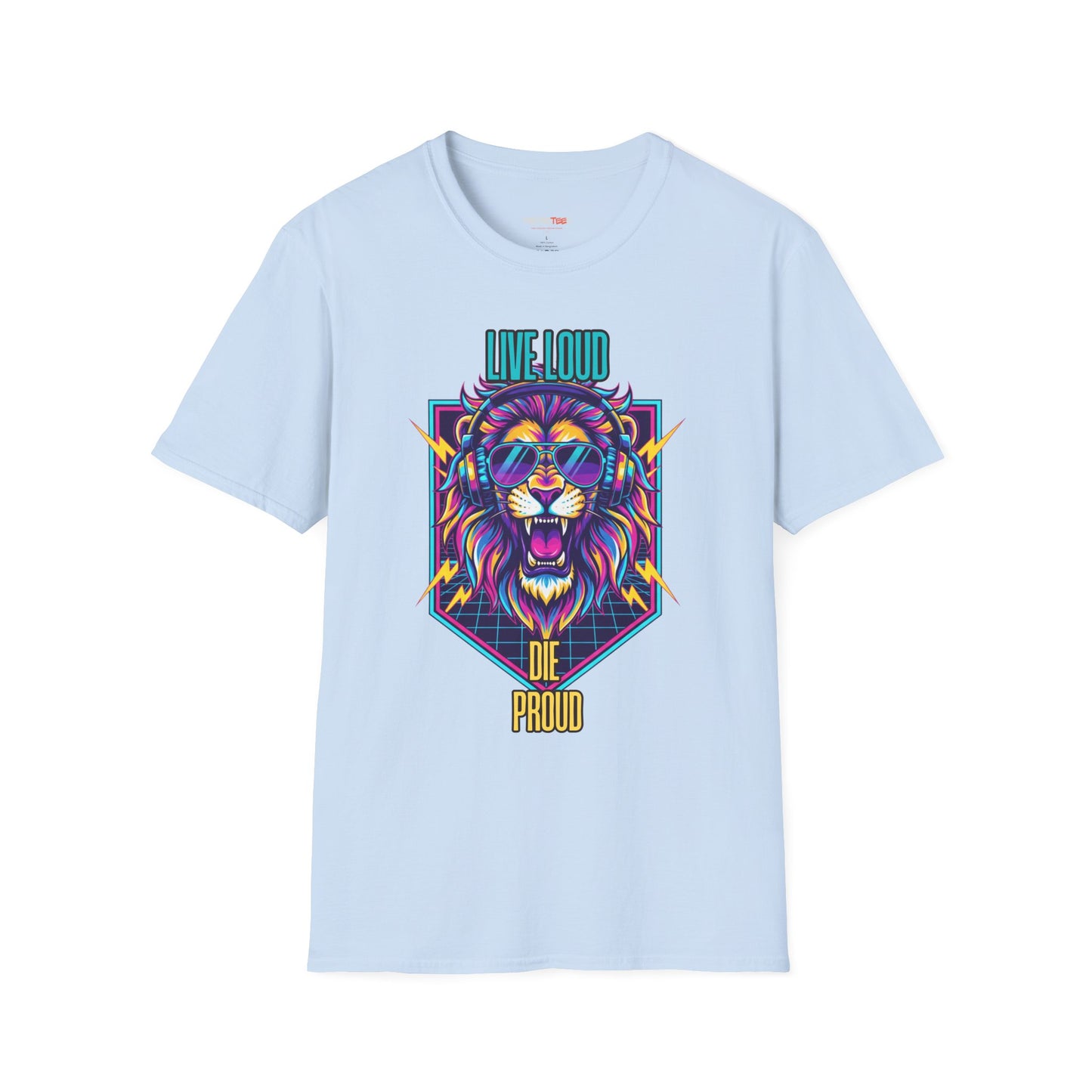 Vibrant Lion Graphic Tee | Unisex Softstyle T-Shirt with 'Live Loud Die Proud' Design, Casual Wear, Gift for Music Lovers.