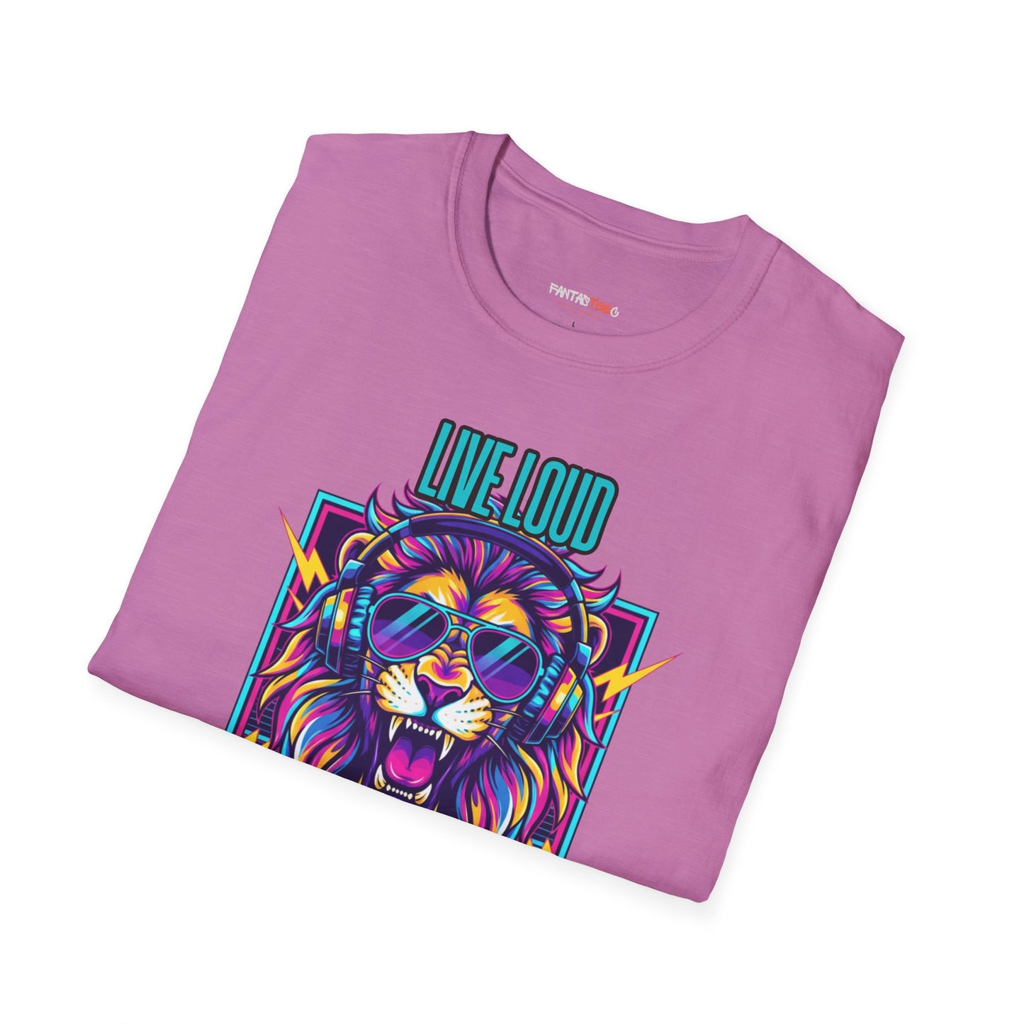 Vibrant Lion Graphic Tee | Unisex Softstyle T-Shirt with 'Live Loud Die Proud' Design, Casual Wear, Gift for Music Lovers.