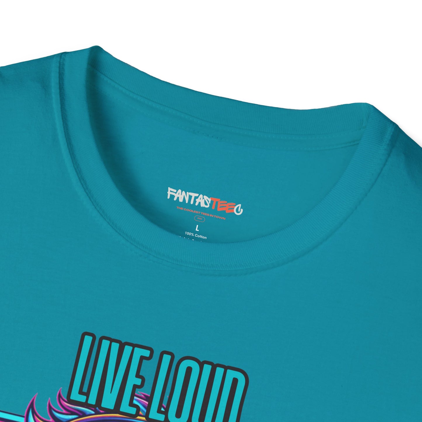 Vibrant Lion Graphic Tee | Unisex Softstyle T-Shirt with 'Live Loud Die Proud' Design, Casual Wear, Gift for Music Lovers.