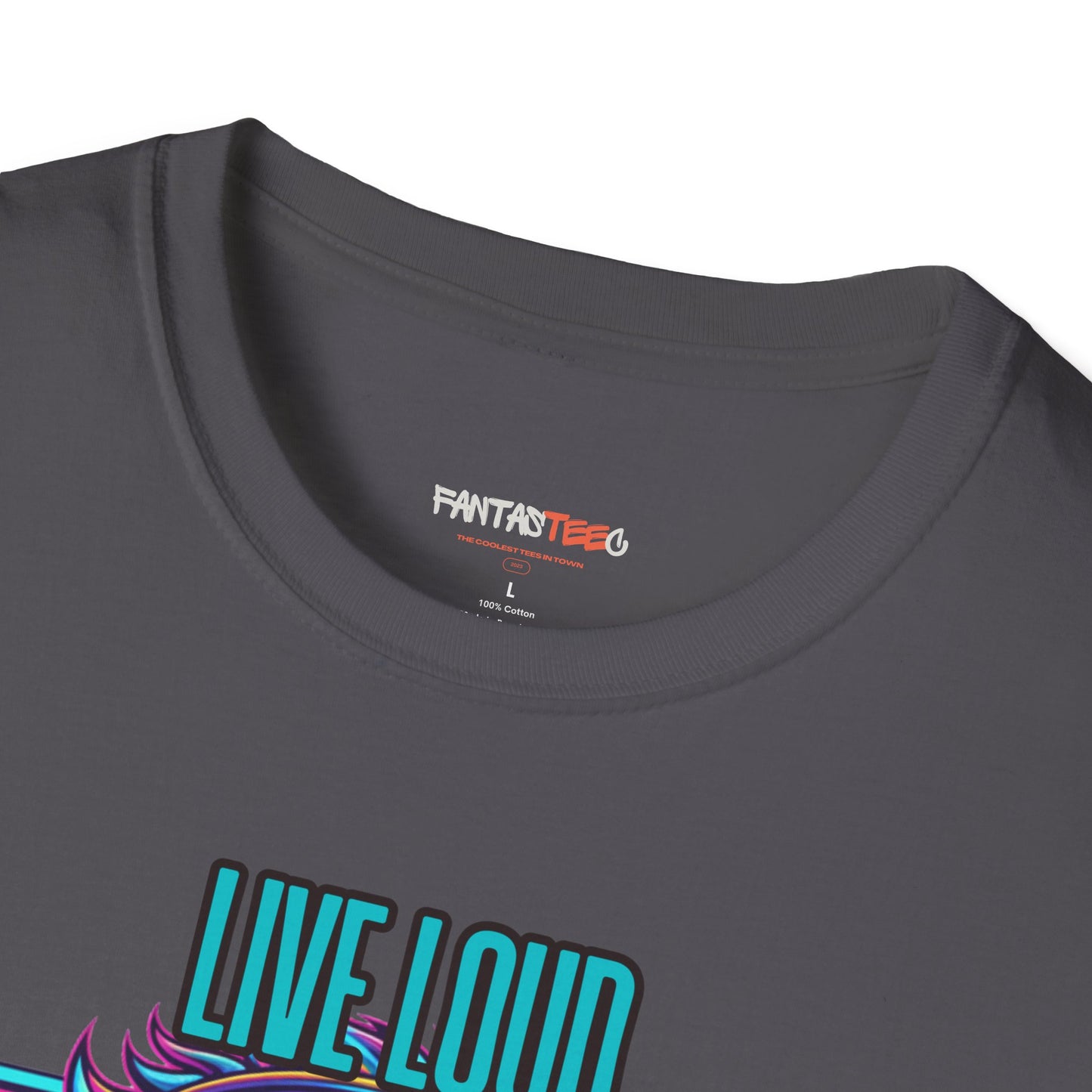 Vibrant Lion Graphic Tee | Unisex Softstyle T-Shirt with 'Live Loud Die Proud' Design, Casual Wear, Gift for Music Lovers.