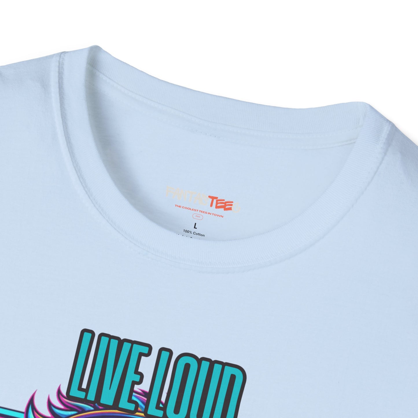 Vibrant Lion Graphic Tee | Unisex Softstyle T-Shirt with 'Live Loud Die Proud' Design, Casual Wear, Gift for Music Lovers.