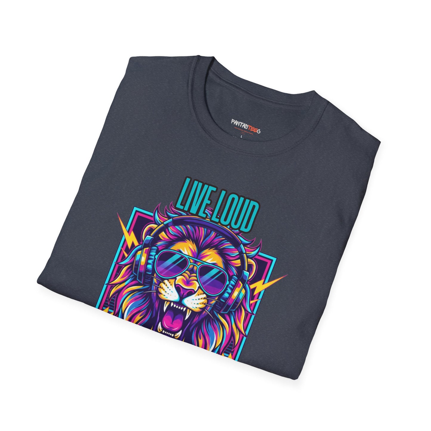 Vibrant Lion Graphic Tee | Unisex Softstyle T-Shirt with 'Live Loud Die Proud' Design, Casual Wear, Gift for Music Lovers.