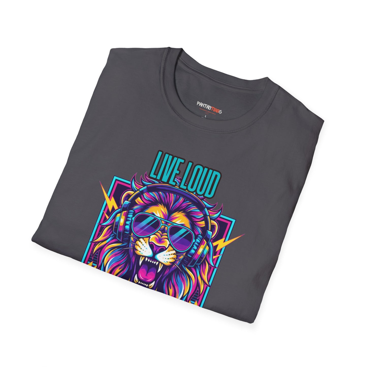 Vibrant Lion Graphic Tee | Unisex Softstyle T-Shirt with 'Live Loud Die Proud' Design, Casual Wear, Gift for Music Lovers.