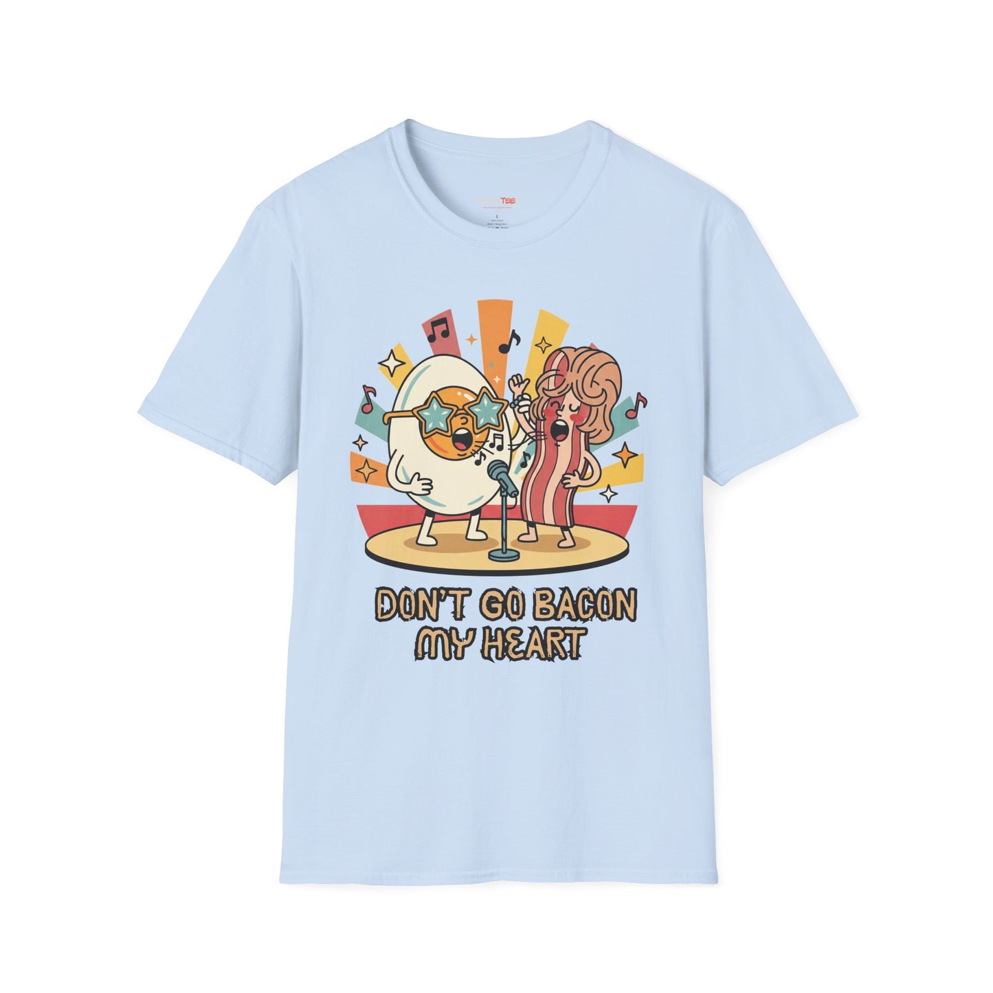 Retro Fun Unisex Softstyle T-Shirt - 'Don't Go Bacon My Heart' Design - Perfect for Food Lovers, Music Enthusiasts, and Gift Giving