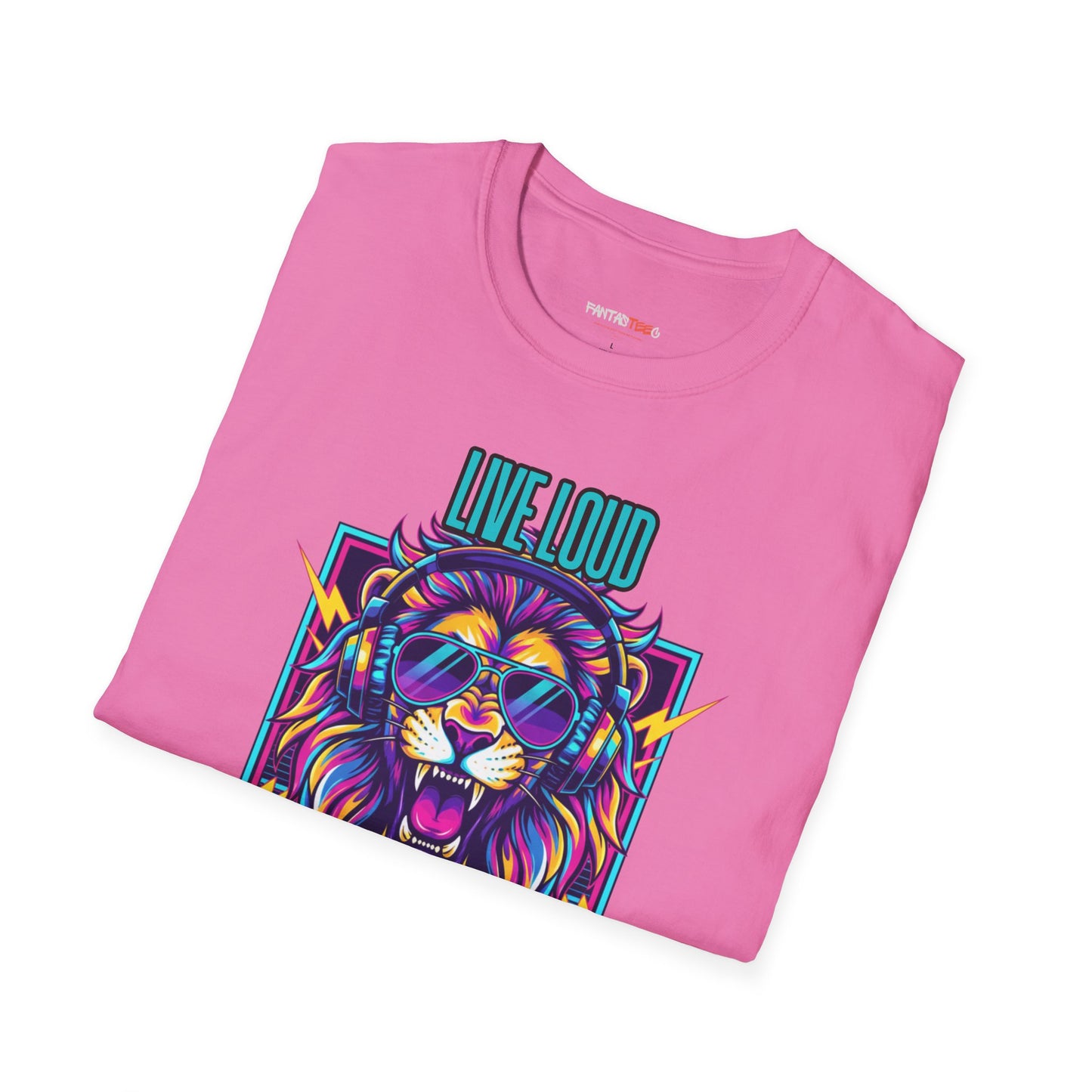 Vibrant Lion Graphic Tee | Unisex Softstyle T-Shirt with 'Live Loud Die Proud' Design, Casual Wear, Gift for Music Lovers.