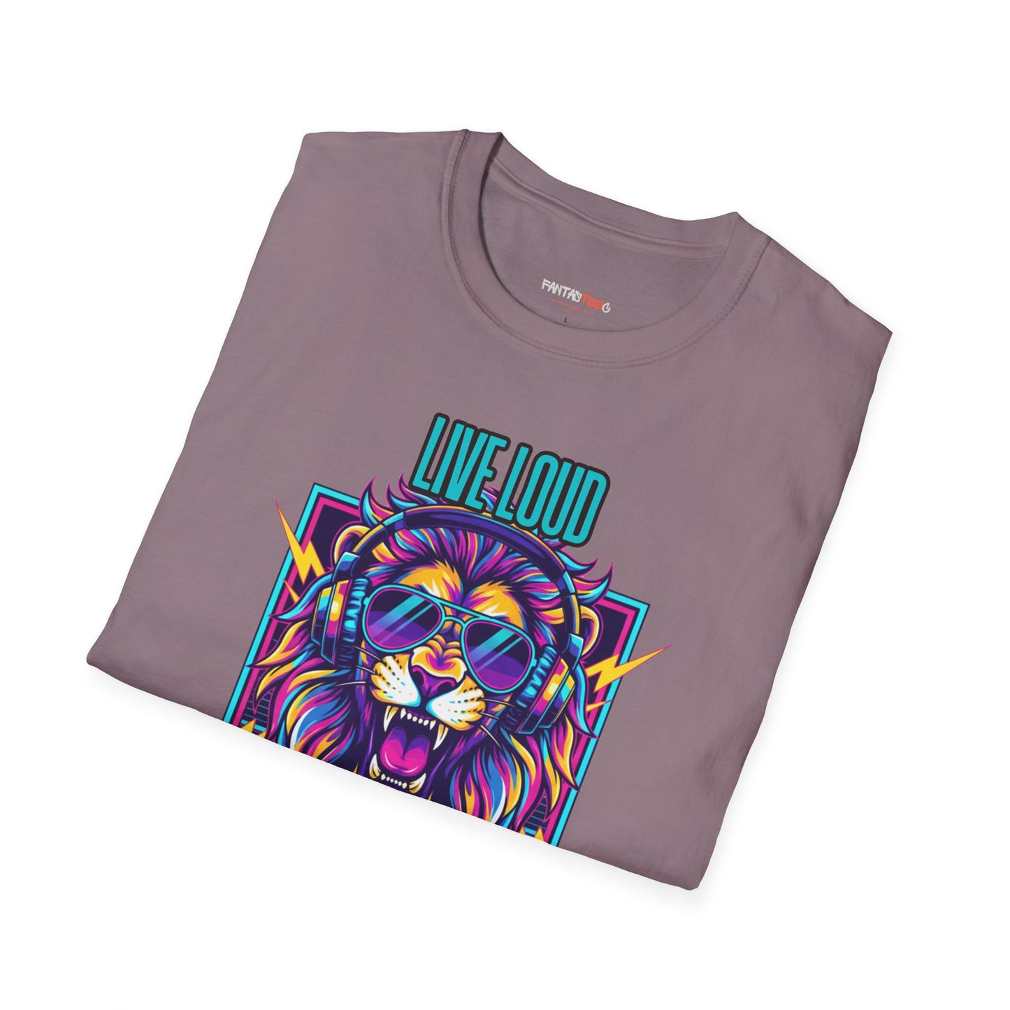 Vibrant Lion Graphic Tee | Unisex Softstyle T-Shirt with 'Live Loud Die Proud' Design, Casual Wear, Gift for Music Lovers.