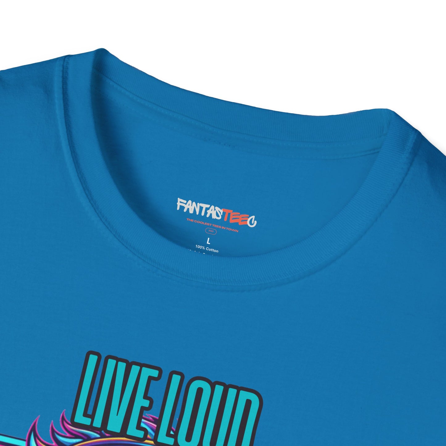 Vibrant Lion Graphic Tee | Unisex Softstyle T-Shirt with 'Live Loud Die Proud' Design, Casual Wear, Gift for Music Lovers.