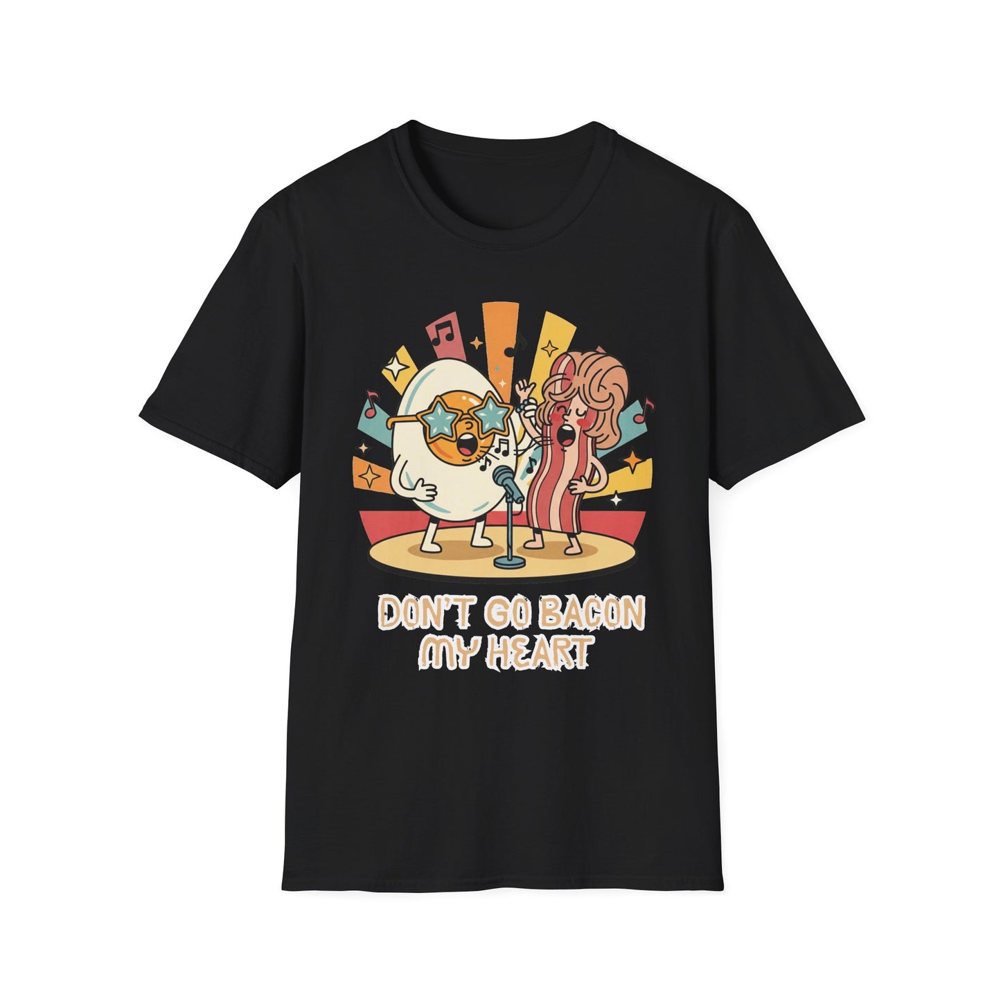 Retro Fun Unisex Softstyle T-Shirt - 'Don't Go Bacon My Heart' Design - Perfect for Food Lovers, Music Enthusiasts, and Gift Giving