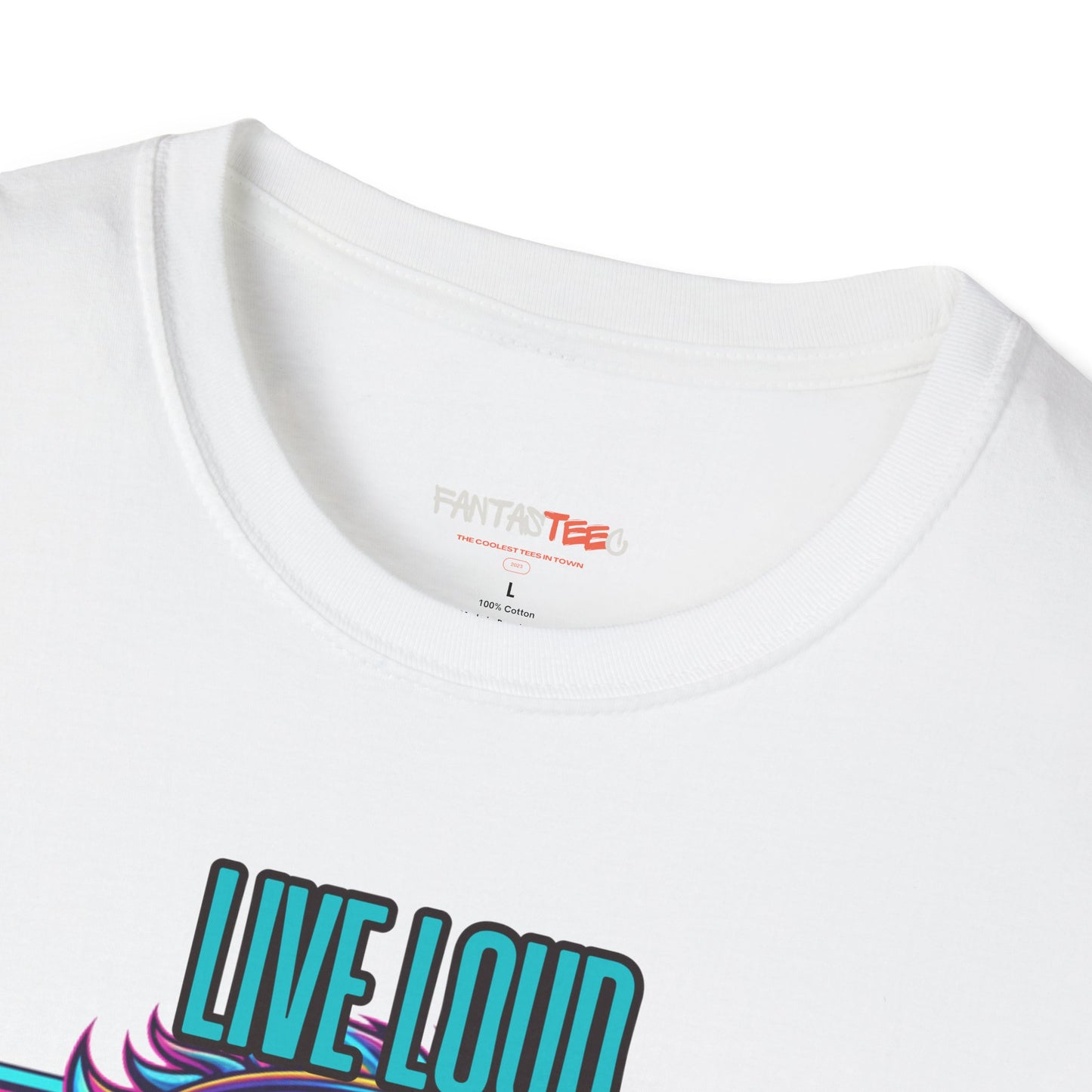 Vibrant Lion Graphic Tee | Unisex Softstyle T-Shirt with 'Live Loud Die Proud' Design, Casual Wear, Gift for Music Lovers.