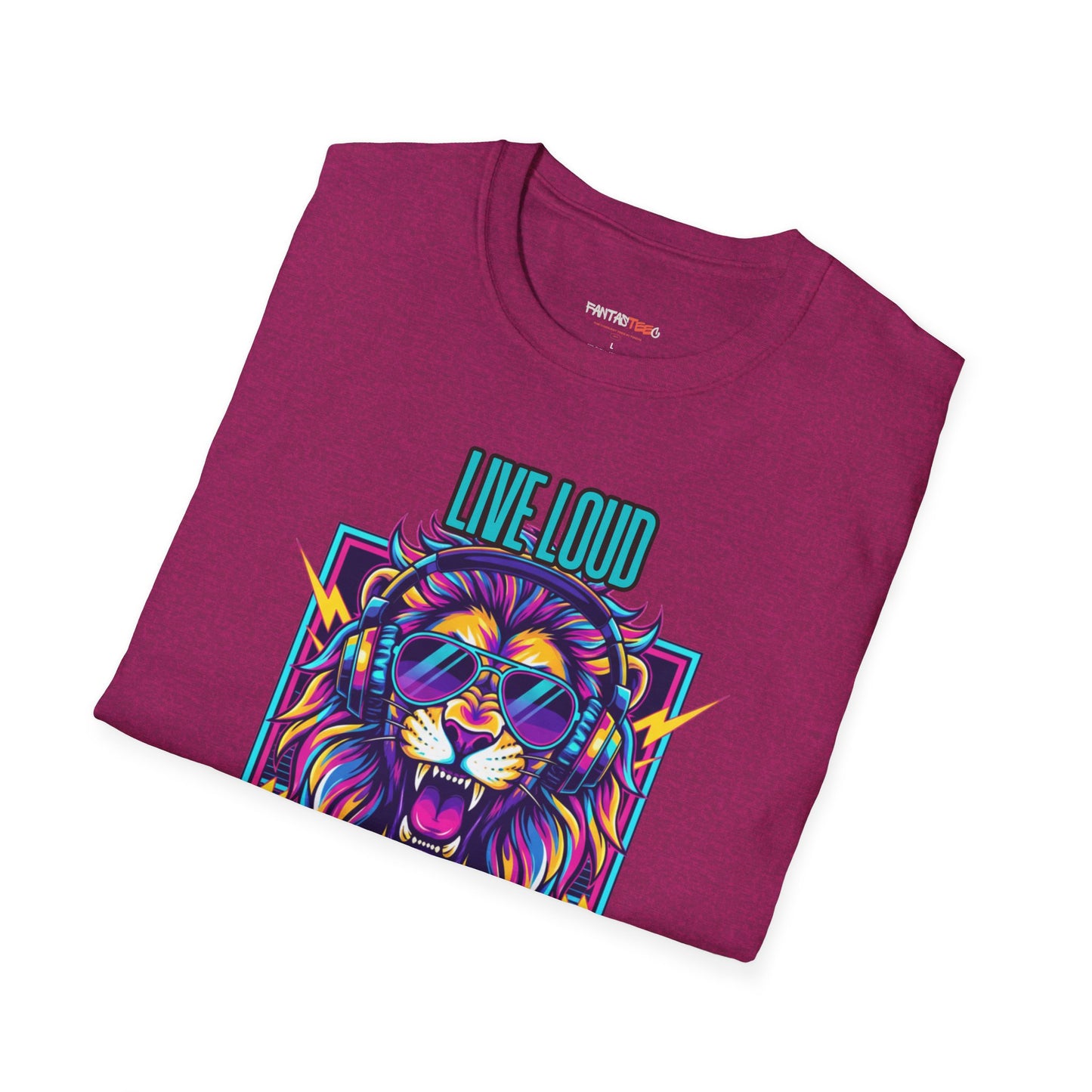 Vibrant Lion Graphic Tee | Unisex Softstyle T-Shirt with 'Live Loud Die Proud' Design, Casual Wear, Gift for Music Lovers.