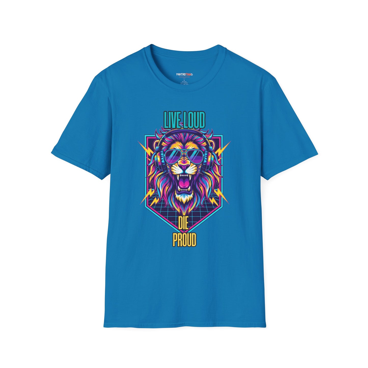 Vibrant Lion Graphic Tee | Unisex Softstyle T-Shirt with 'Live Loud Die Proud' Design, Casual Wear, Gift for Music Lovers.