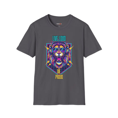 Vibrant Lion Graphic Tee | Unisex Softstyle T-Shirt with 'Live Loud Die Proud' Design, Casual Wear, Gift for Music Lovers.