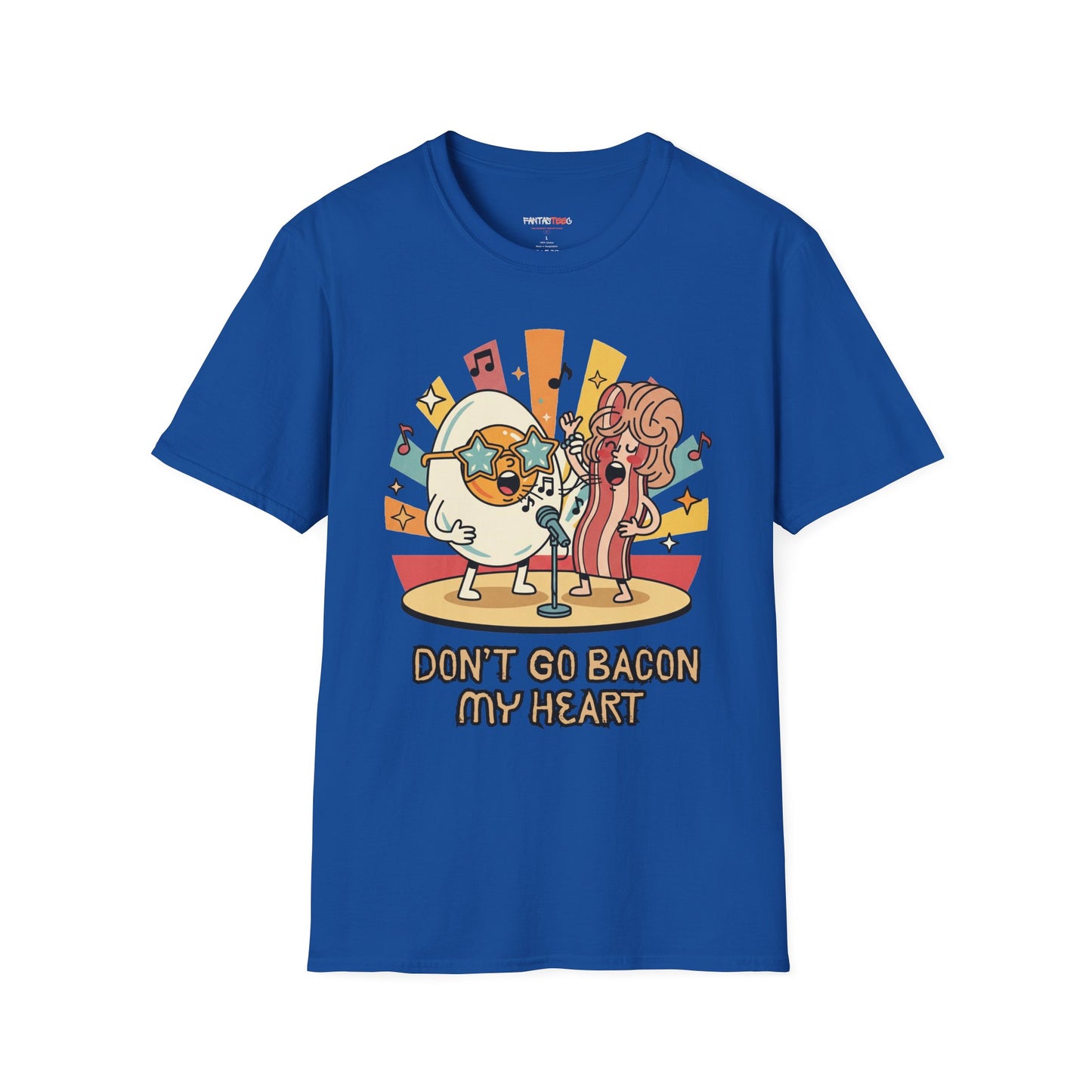 Retro Fun Unisex Softstyle T-Shirt - 'Don't Go Bacon My Heart' Design - Perfect for Food Lovers, Music Enthusiasts, and Gift Giving