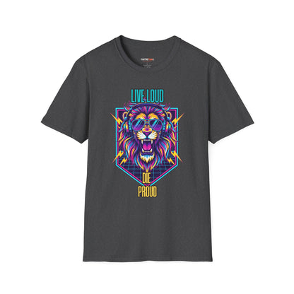 Vibrant Lion Graphic Tee | Unisex Softstyle T-Shirt with 'Live Loud Die Proud' Design, Casual Wear, Gift for Music Lovers.
