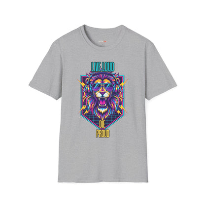 Vibrant Lion Graphic Tee | Unisex Softstyle T-Shirt with 'Live Loud Die Proud' Design, Casual Wear, Gift for Music Lovers.