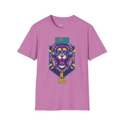 Vibrant Lion Graphic Tee | Unisex Softstyle T-Shirt with 'Live Loud Die Proud' Design, Casual Wear, Gift for Music Lovers.