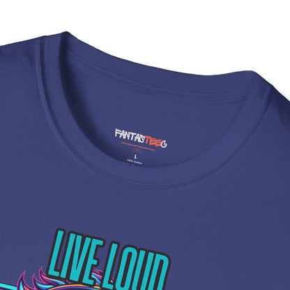 Vibrant Lion Graphic Tee | Unisex Softstyle T-Shirt with 'Live Loud Die Proud' Design, Casual Wear, Gift for Music Lovers.